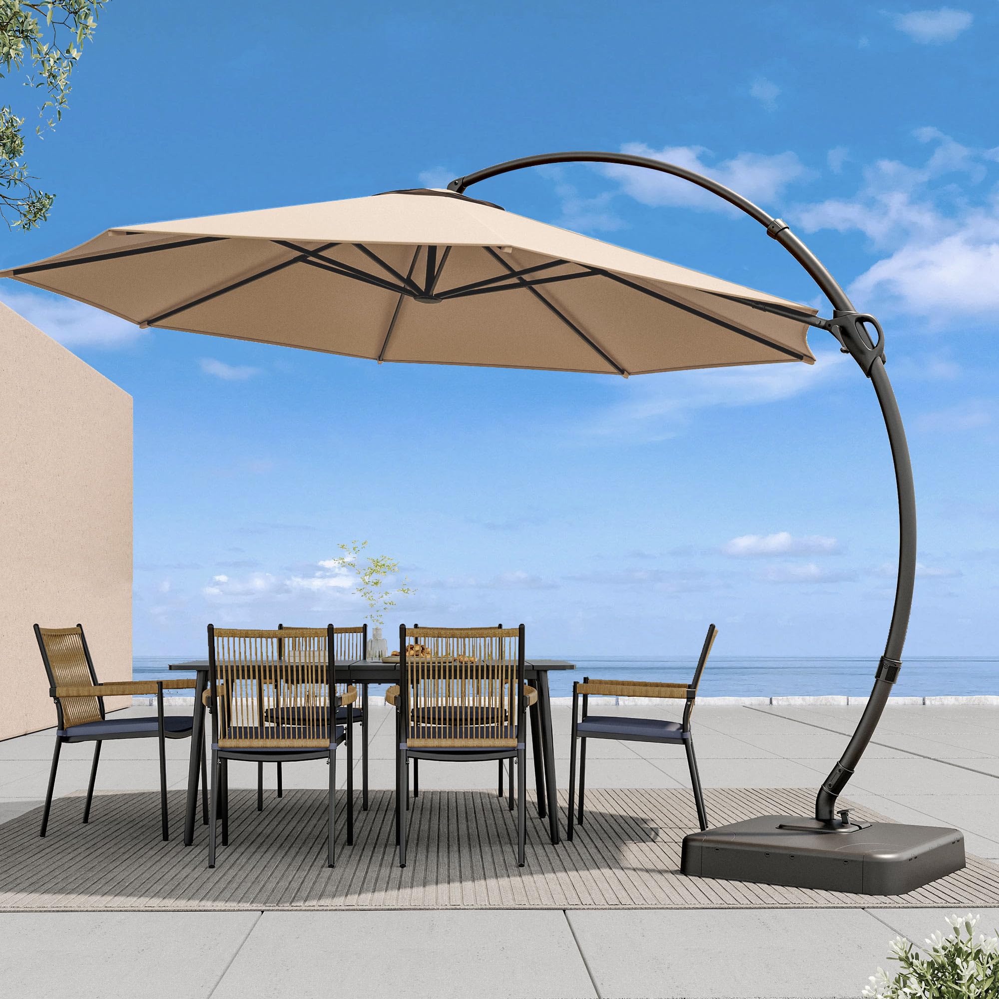 LAUSAINT HOME Outdoor Patio Umbrella with Base included, 10 FT Deluxe Curvy Cantilever Umbrella Offset Hanging umbrella with 360° Rotation for Market, Pool, Garden, Backyard, Deck (Beige, 10 FT)