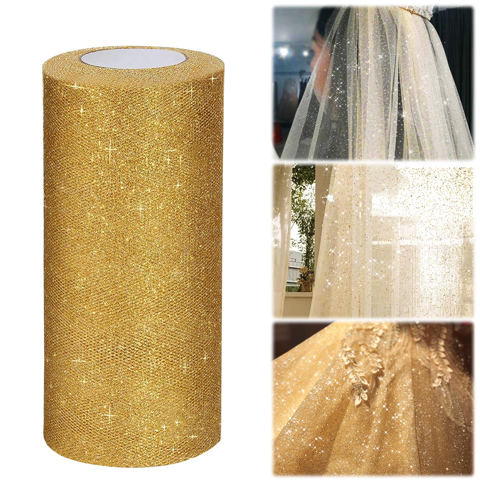 Nastro Tulle Glitterato Oro 15cm X 23m - 2 Rotoli Per Decorazioni Matrimoni E Feste