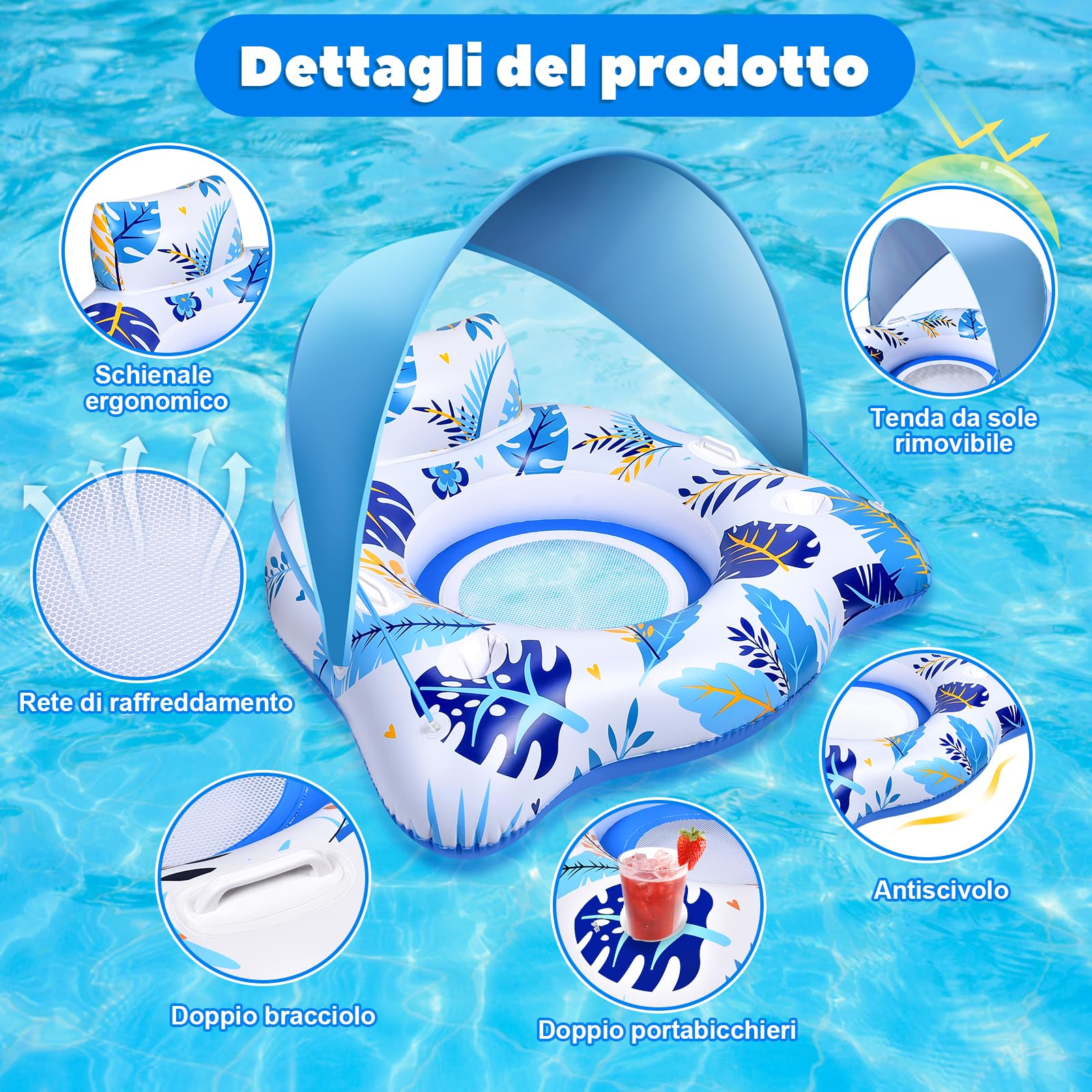 JONRRYIN Gonfiabile Piscina Adulti con Parasole Rimovibile, Galleggiante da Piscina, Sedia Galleggiante Piscina Adulti con Portabevande e Schienale e Bracciolo per Esterni, Spiagge, Piscine, Laghi