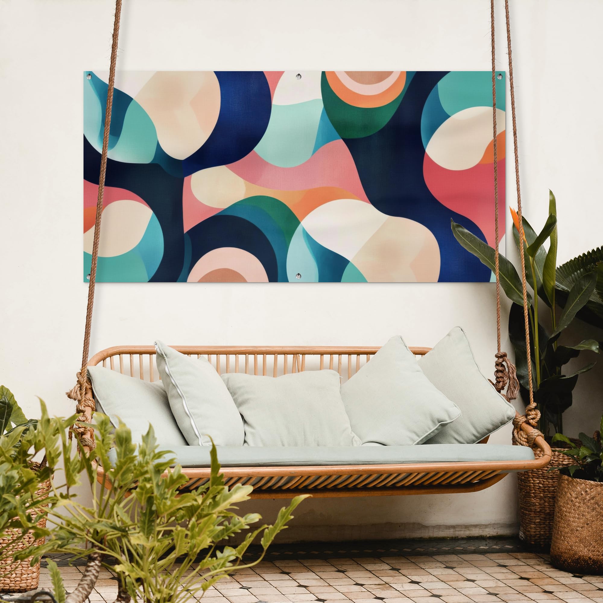 MuchoWow© Poster De Jardin Decoracion Balcón Wall Decoration Adornos Pared | 160x80 cm - Terraza Exterior Decoración Patio Posters Decorativos Abstracto - Azul - Rosa