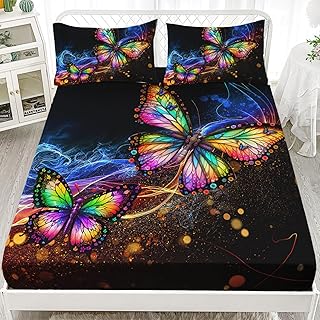 AILONEN Beautiful Butterfly Twin Size Fitted Sheet, Gradient Colour Butterfly Bedding Set for Girls Kids,Butterfly Animal Bed Sheet Set 3PCS,1 Fitted Sheet and 3 Pillowcase