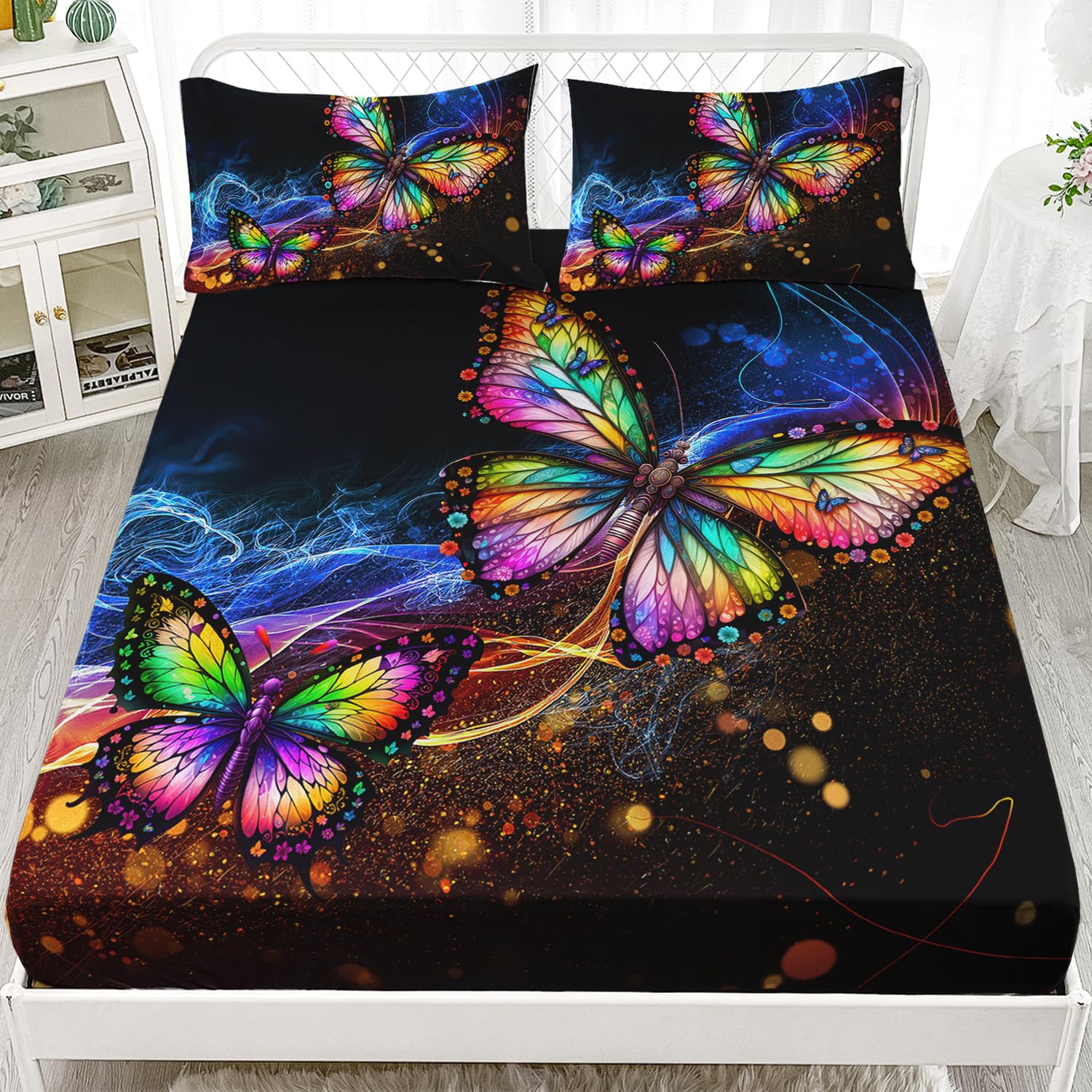 AILONEN Beautiful Butterfly Queen Size Fitted Sheet, Gradient Colour Butterfly Bedding Set for Girls Kids,Butterfly Animal Bed Sheet Set 3PCS,1 Fitted Sheet and 2 Pillowcase