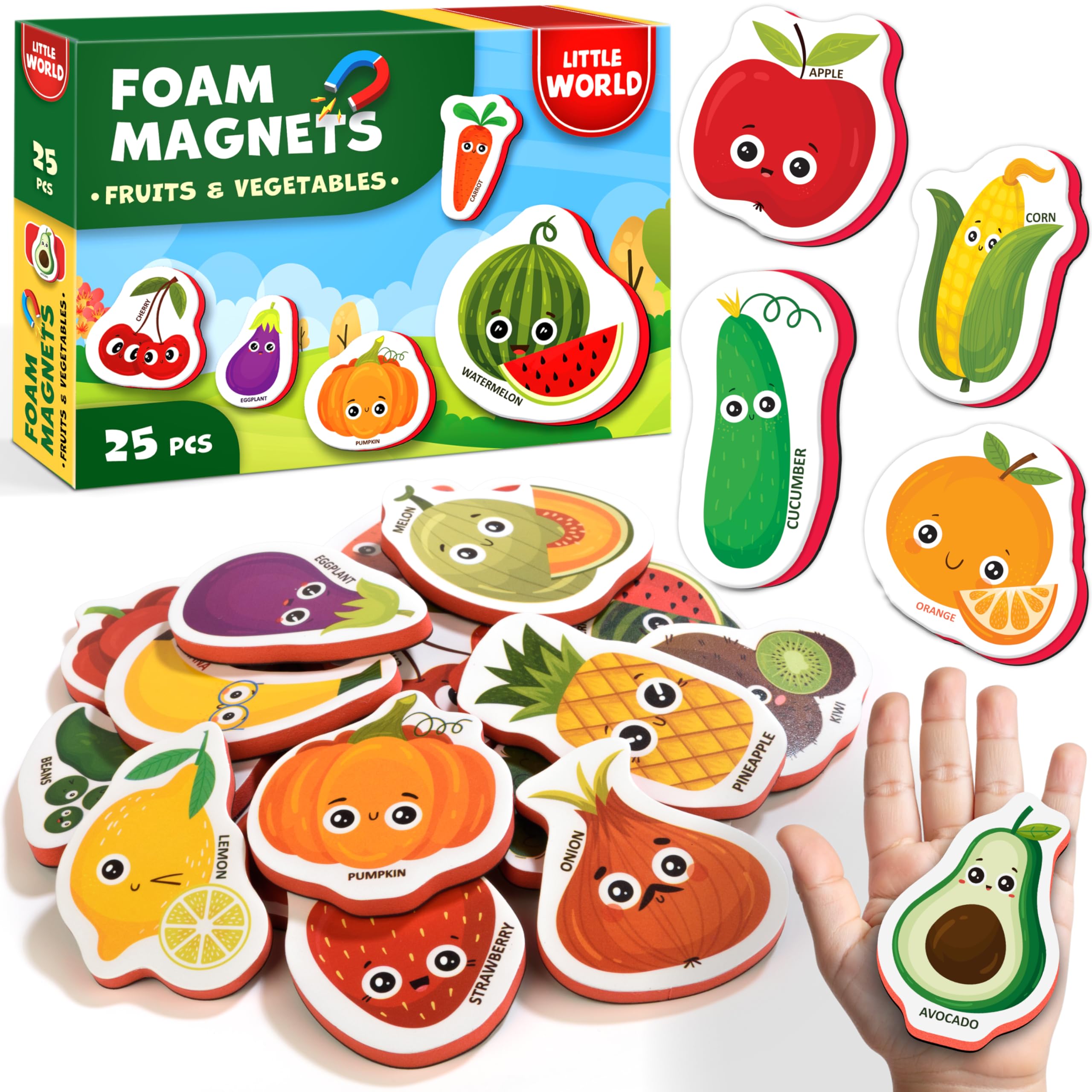 Little World 25 Fridge Magnets for Kids 1-3 years – Safe, Durable, Waterproof, Foam Toddler Fridge Magnets with Colorful Gift Box, Non-Toxic Fruits and Vegetables Magnets for Children and Babies