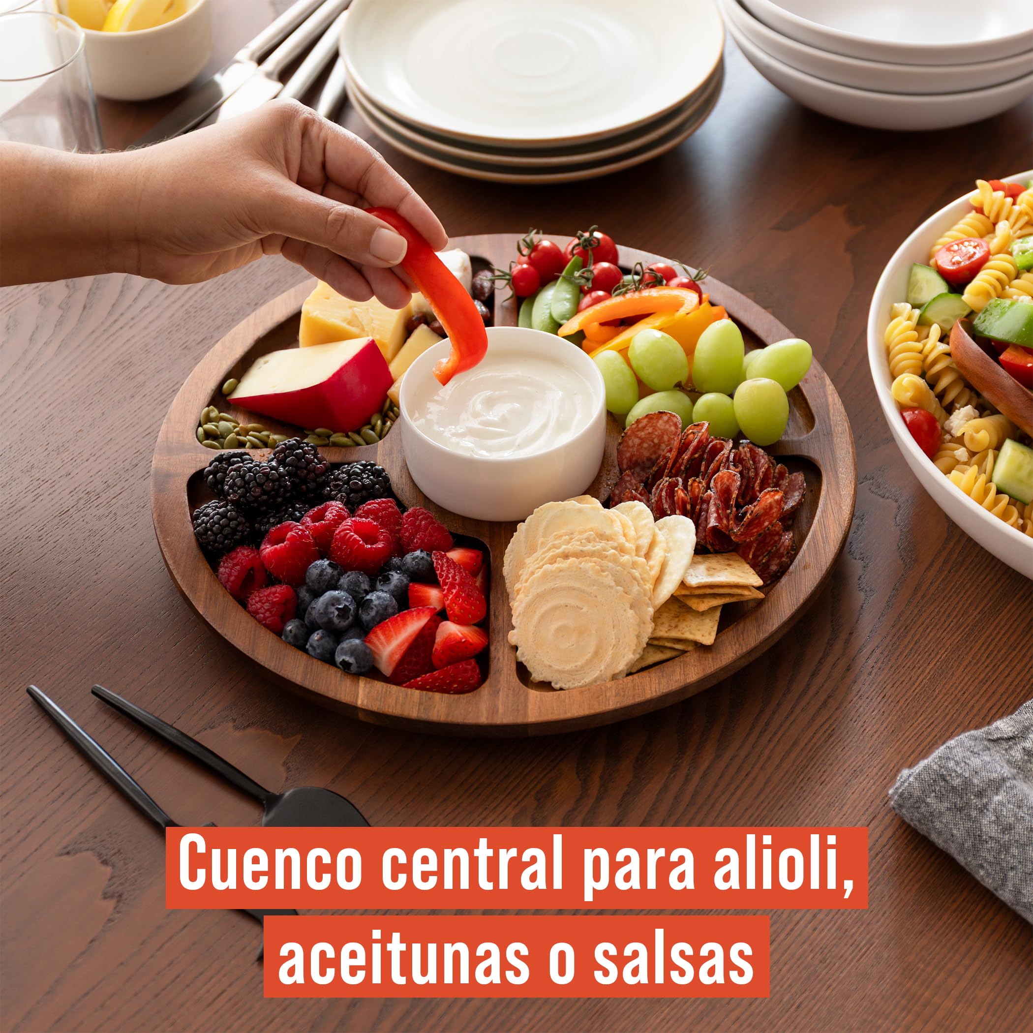 Chef Pomodoro Tabla de Quesos con Tapa (34 CM), Queseras para Guardar el Queso, Tabla para Quesos y Aperitivos, Tabla de Queso y Embutidos Madera, tabla de charcutería portátil, Redonda
