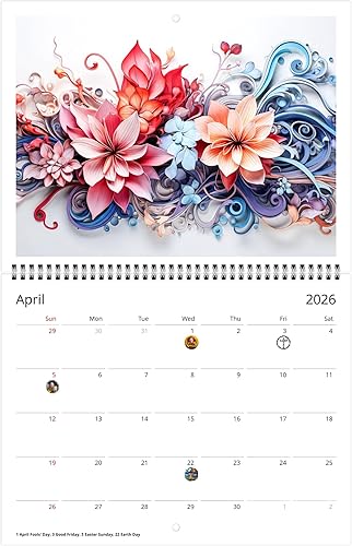 Miniatura 8 de Calendario de pared 2026 con gracia floral - Elegante floración con vacaciones (clásico de plegado medio, grande de 11 x 17 pulgadas)