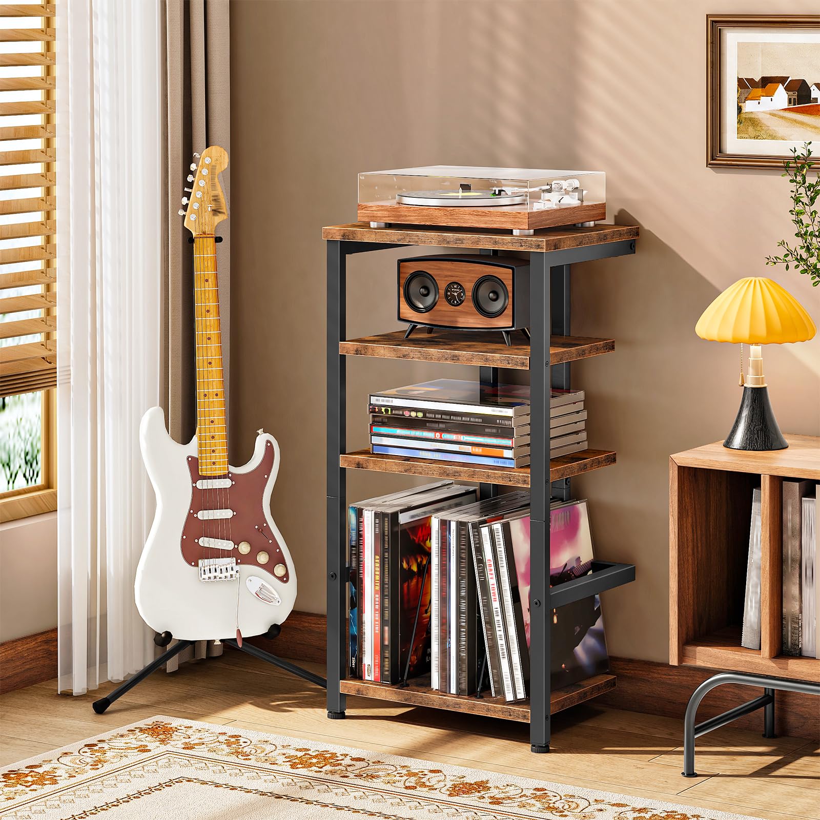 HOOBRO Meuble Tourne-Disque Style Vintage, Rangement Vinyles 4 Niveaux, Étagère Média pour Équipement Audio, Meuble Audio, Hauteur 39 x 28 x 76 cm, pour Salon, Marron Rustique et Noir EBF42CJ01