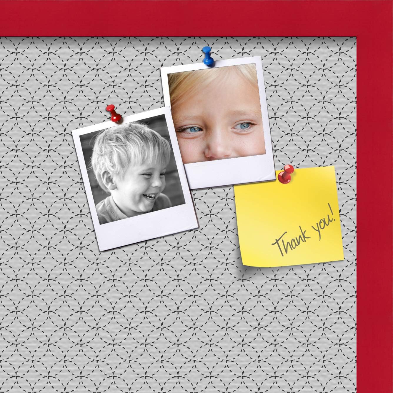 ArtToFrames 20x20 Custom Cork Bulletin Board. This Seamless Circles Black and White Pin Board Has a Fabric Style Canvas Finish, Framed in Red Stain on Beech (PinPix-117-20x20_0066-81792-YRED)