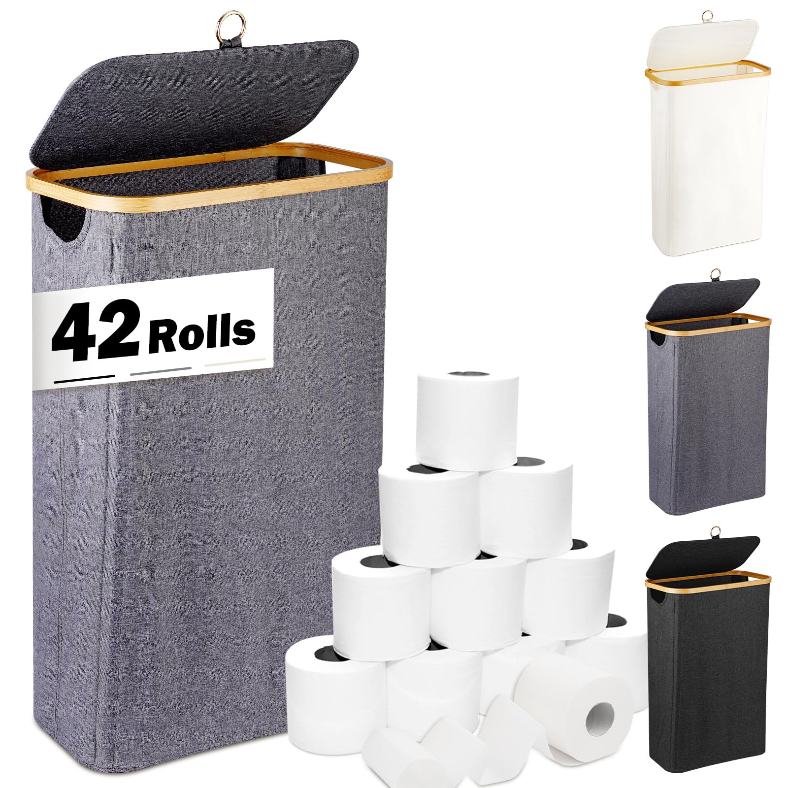 60L Extra Large Toilet Paper with Lid, Holds 42 Regular Rolls or 24 Mega Rolls, 16 Gal Tall Laundry Baskets with Bamboo Pull Handles, Organizer Bin for Hotels, Restrooms, Offices, Homes, Gray