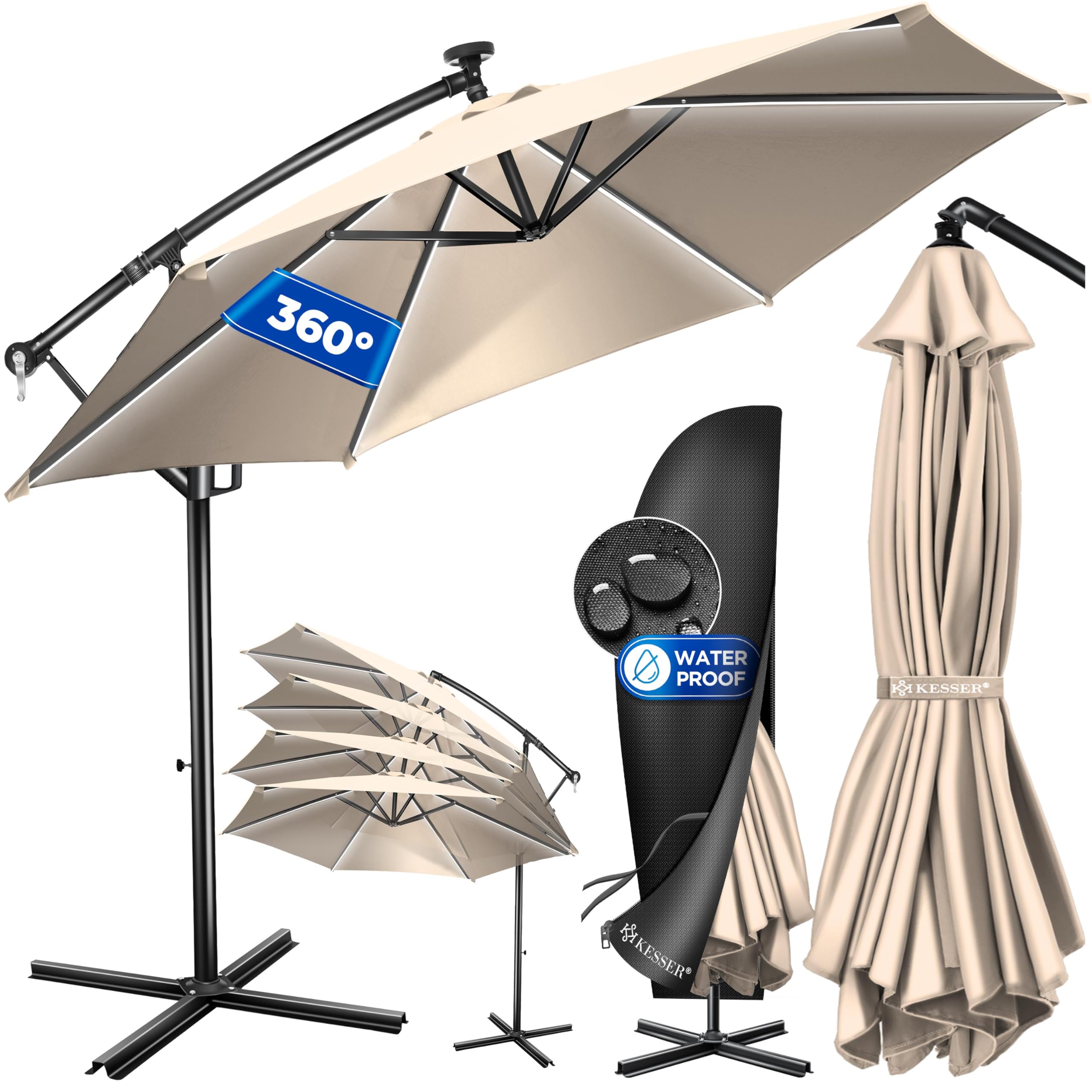 KESSER® aluminio semáforo sombrilla sombrilla LED solar Ø300 cm / Ø350 cm + funda con mecanismo de manivela con interruptor on/off protección UV aluminio impermeable sombrilla sombrilla de jardín