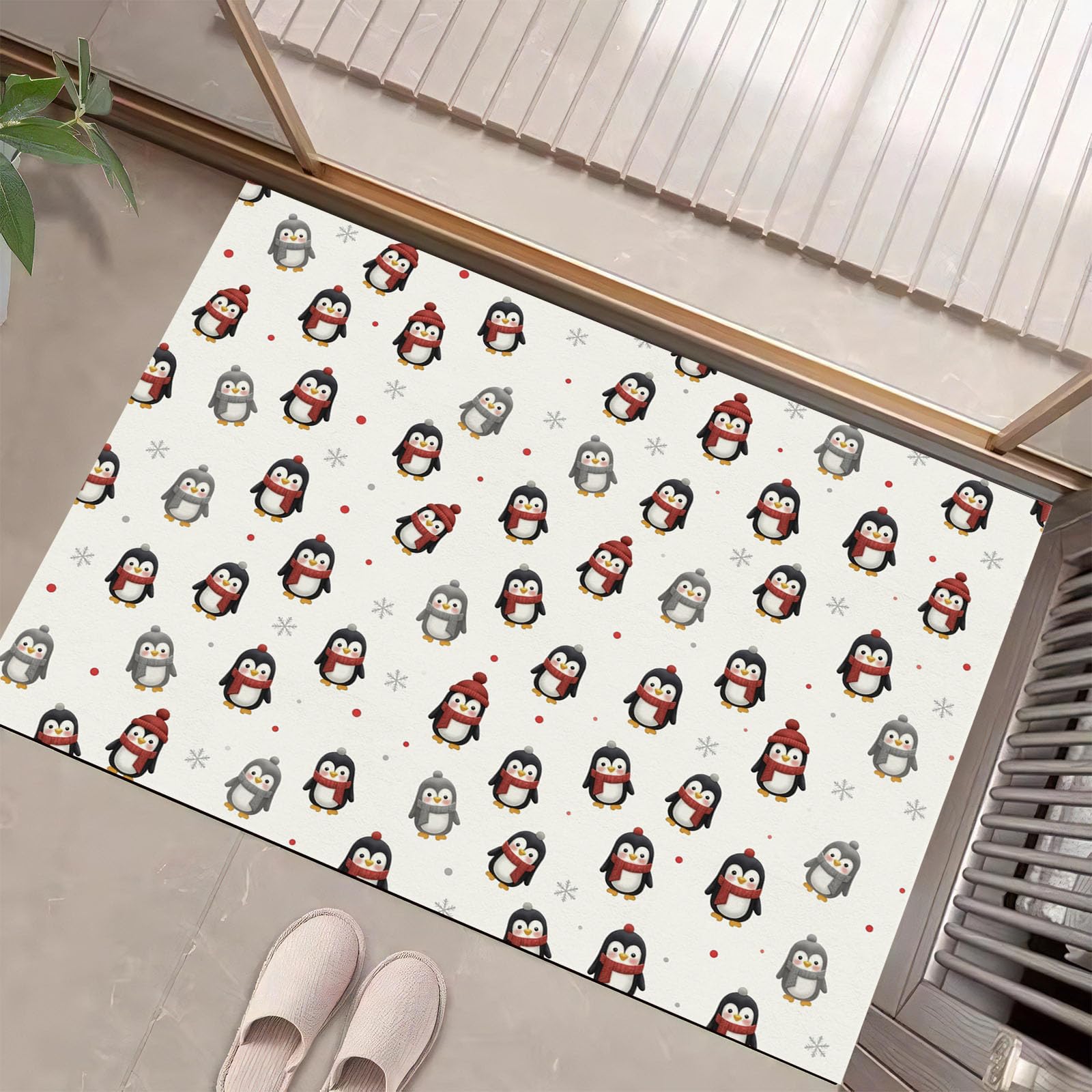 Fußmatte Innen Winterlicher Weihnachts, 60x120 cm | Rutschfester Waschbarer Fussmatte Weihnachtspinguin Kurzflor Weich Teppich Eingangsteppich, Sauberlaufmatte, Schmutzfangmatte, Leicht zu Reinigen