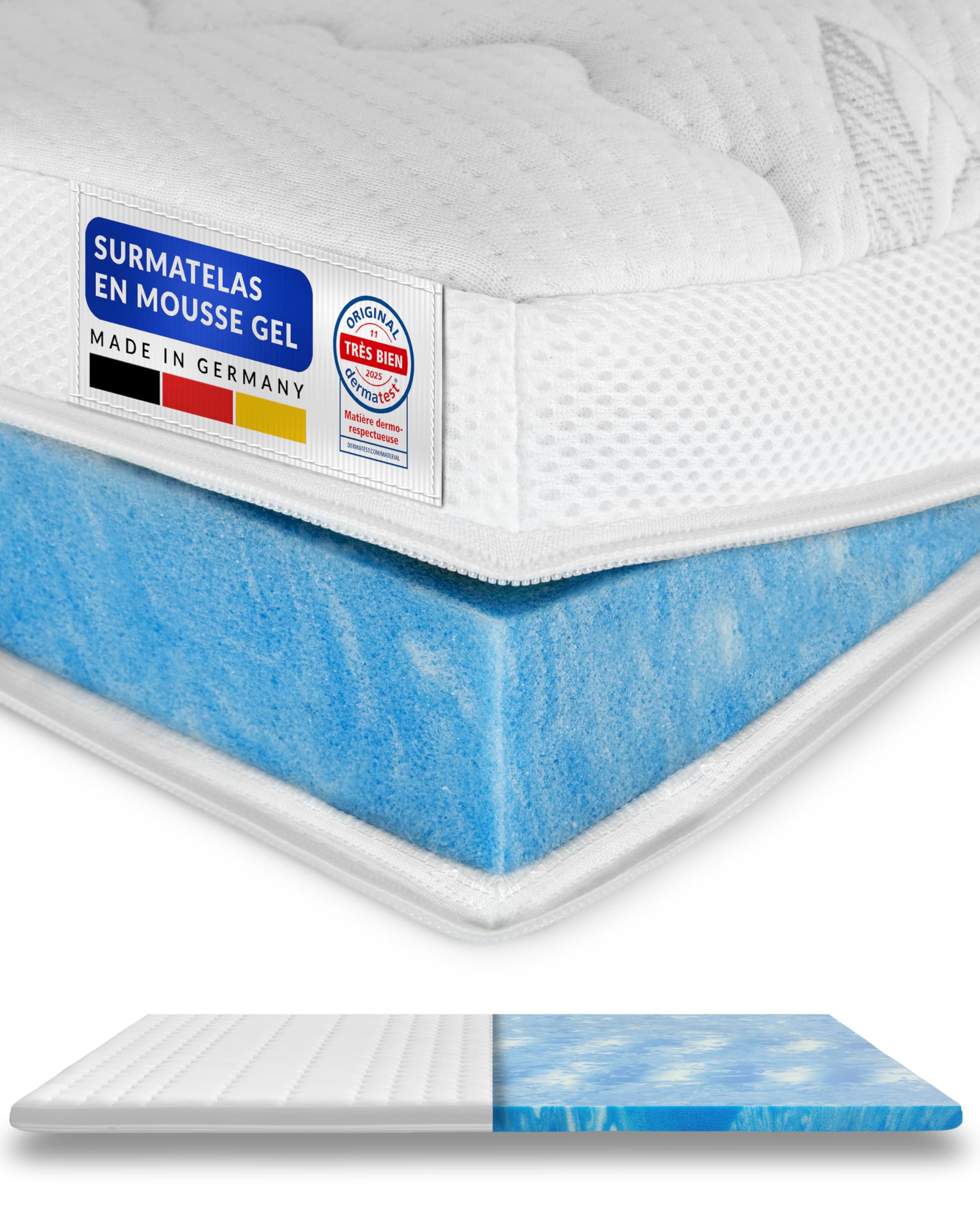 AM Qualitätsmatratzen - Surmatelas memoire de forme 180x220 6cm - Mousse de gel adaptable et respirante pour un sommeil reparateur - Housse de surmatelas moelleux - Surmatelas 180 x 220 haute de gamme