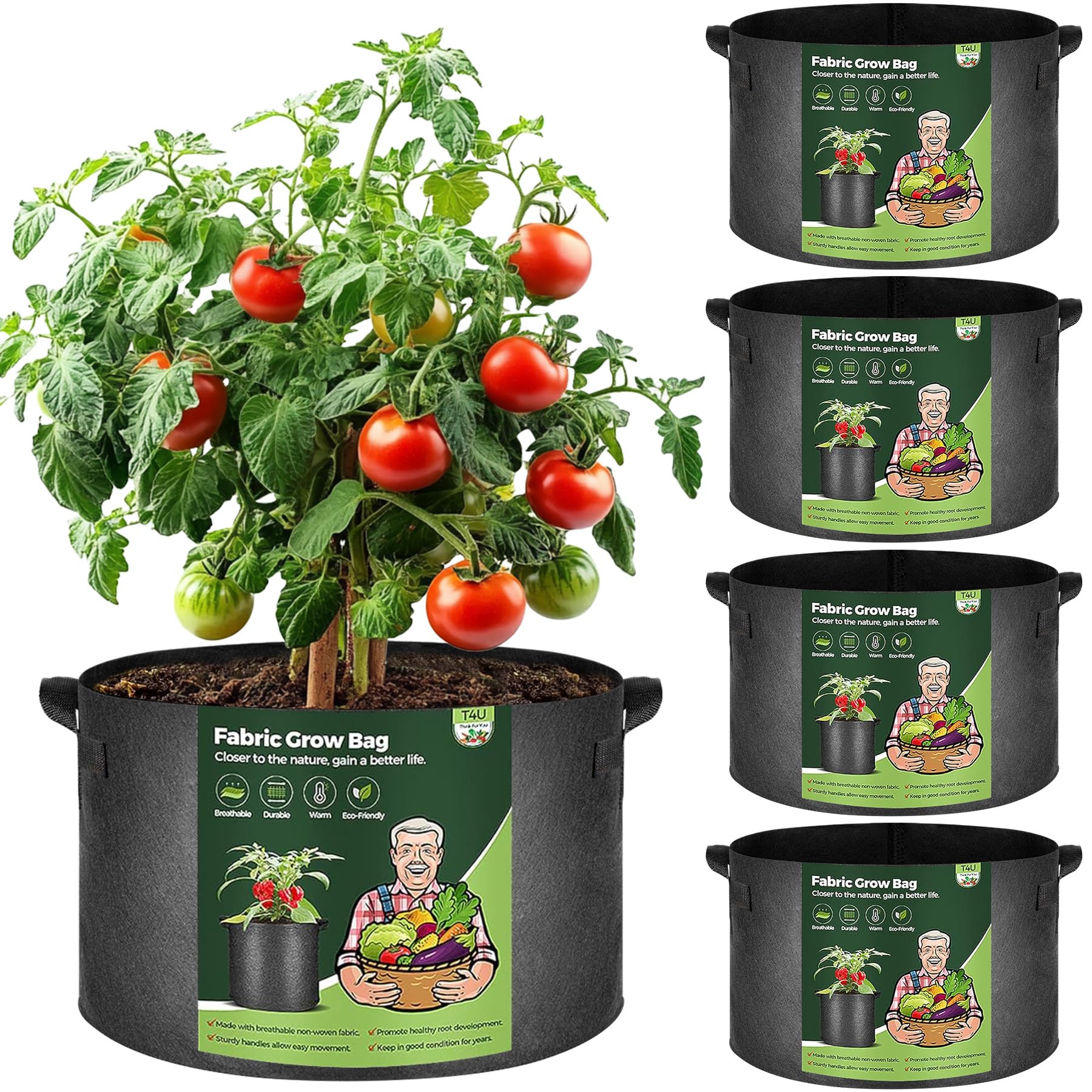 T4U 5 Stück 57L Kartoffel Pflanzsack aus Vliesstoff, 15 Gallonen Ф50cm Pflanztopf Pflanzsäcke mit Tragegriffe, Wiederverwendbar Kartoffelsack Garten Pflanztasche für Kartoffeln Tomaten Blumen(Schwarz)