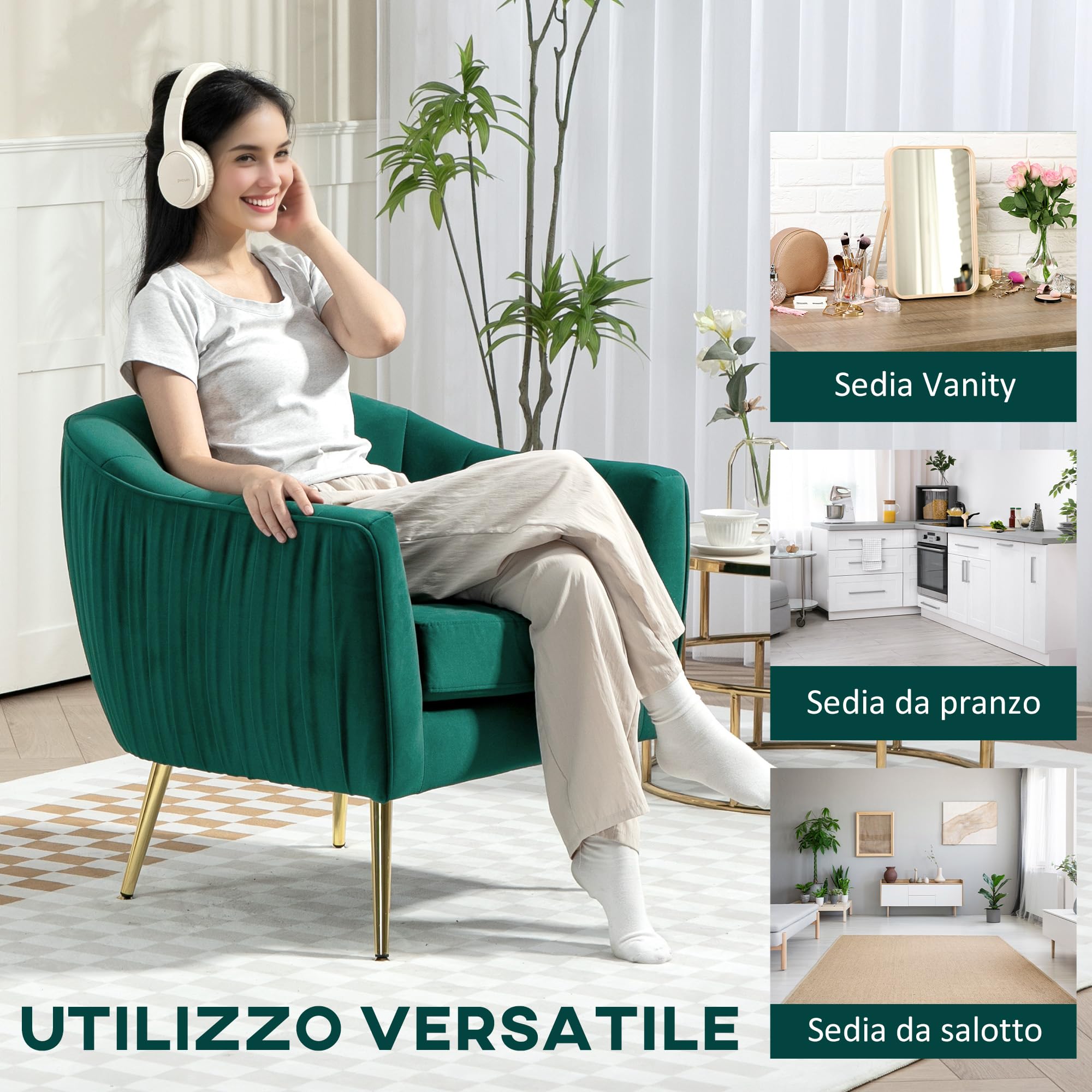 HOMCOM Poltrona da Salotto Imbottita con Braccioli e Schienale, Design Moderno, Gambe in Metallo (71x72x73 cm) Verde