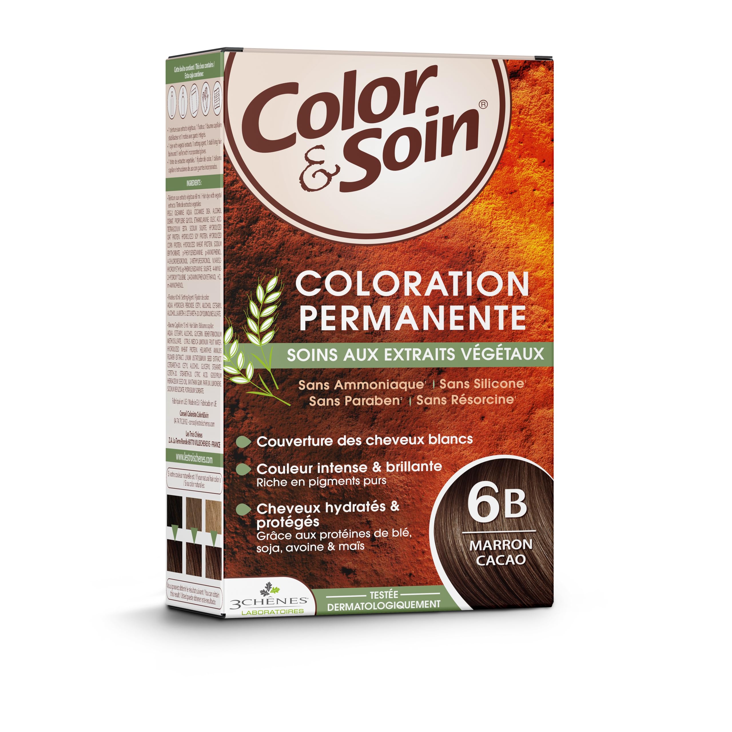 Les 3 Chênes Color & Soin 6B – Marron Cacao – Coloration Permanente Cheveux Femme Sans Ammoniaque – Soin Naturel Brillance Durable – Couvre 100% Cheveux Blancs
