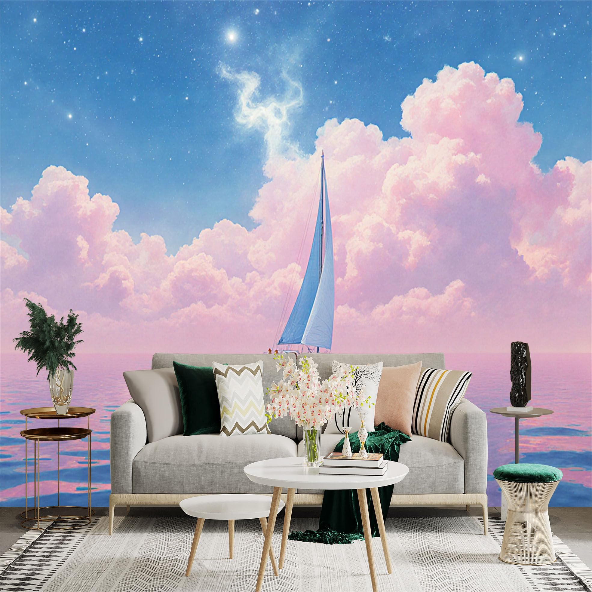 Custom Size Wall Sticker Mural， Dreamy Sailboat on Pink Clouds and Calm Sea Under Starry Sky， for wall Decoration， peelandstick wall Decals.