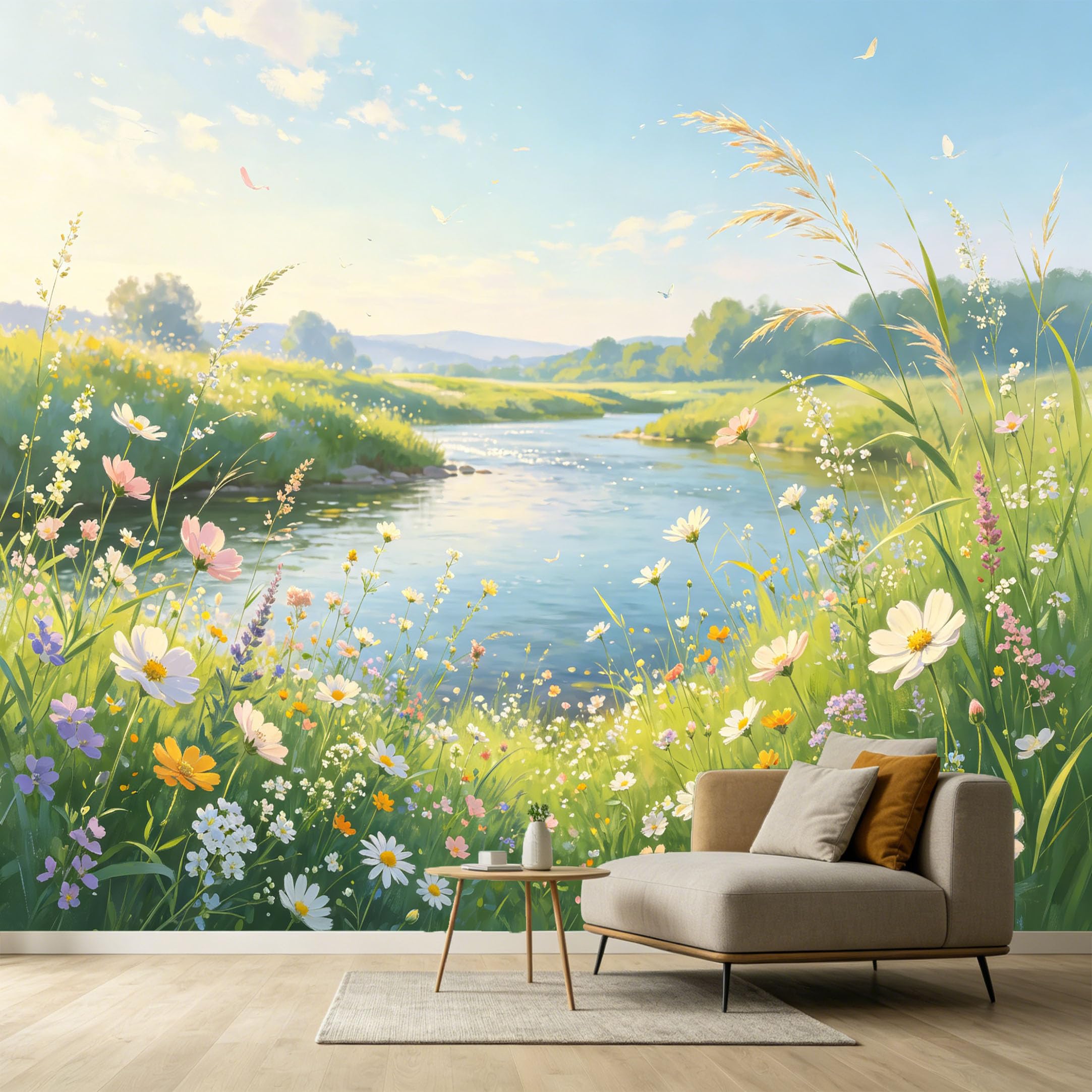 Custom Size Wall Murals Summer Meadow River Landscape Watercolor Wildflowers Aesthetic Nature Scenic SelfAdhesive Wall Fabric Removable Large Wallpaper for Photo Living Room