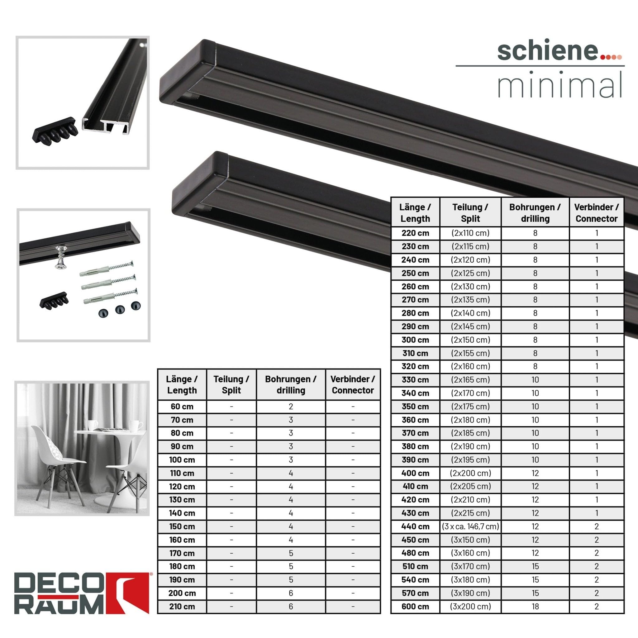 Deco-Raum Rail à rideau personnalisé en aluminium pré-percé à 1 voie - Rail de rideau - Fixation au plafond pour rideaux coulissants - Rideaux avec matériel de fixation - Noir - 120 cm - Minimum