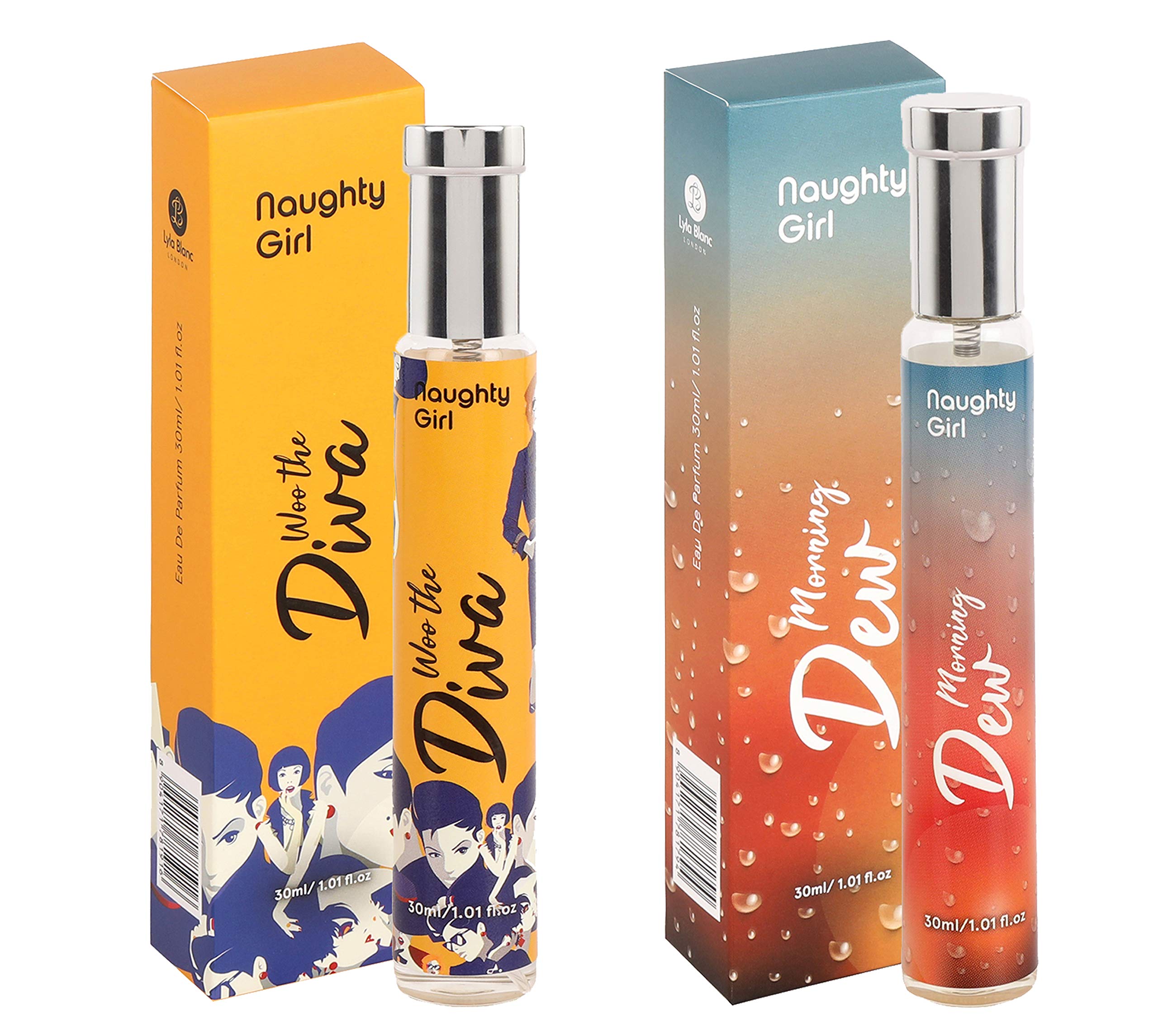 Naughty Girl Perfume for Women – Woo the Diva & Morning Dew Luxury EDP Combo – Buy One Get One – Long-Lasting Fragrance – 30ml x 2 – Travel-Size Perfume Gift Set