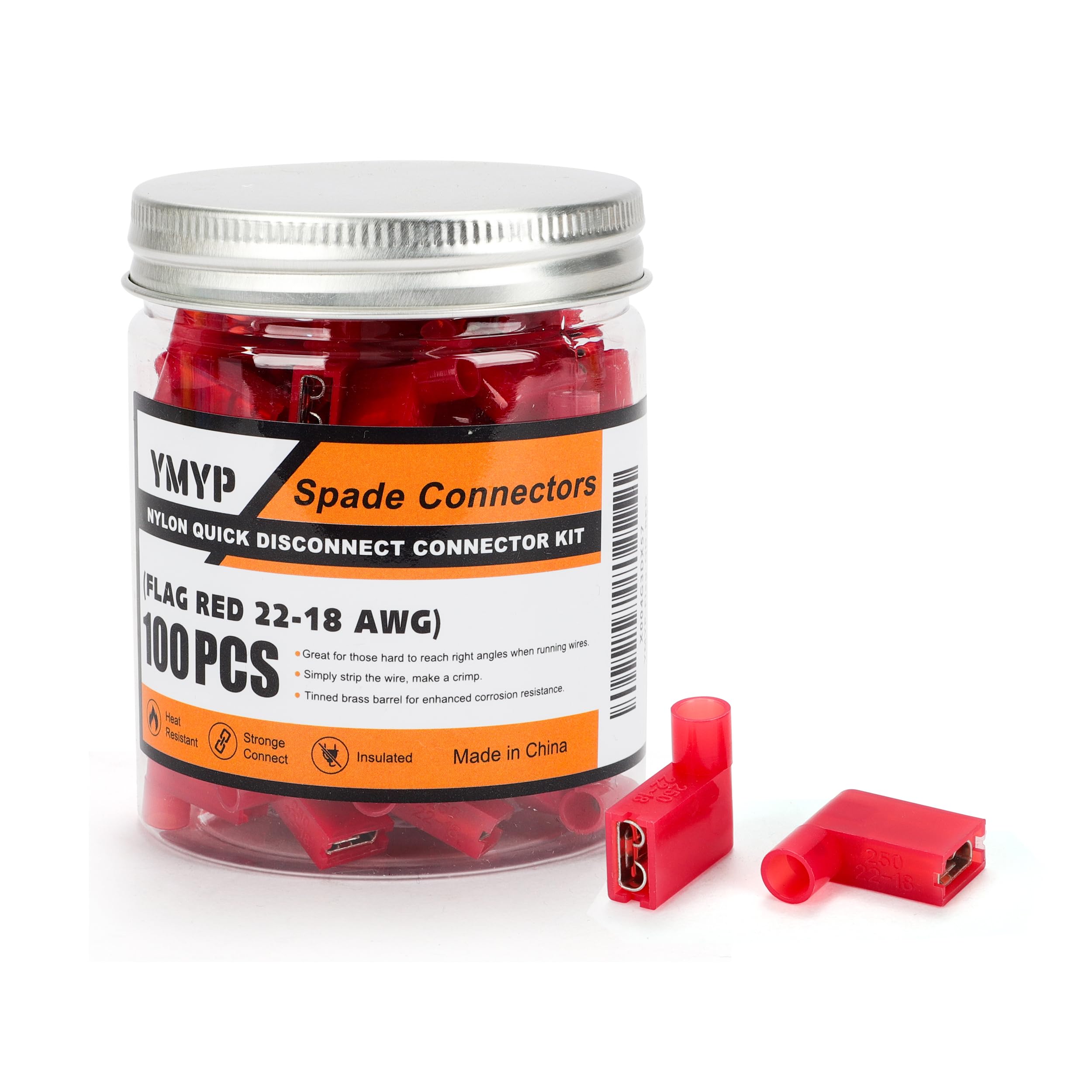 YMYP 100PCS 90 Degree Flag Spade Connector Female - Nylon Red 22-18 AWG - Quick Disconnect Electrical Wire Connectors - Right Anlge Tinned Copper