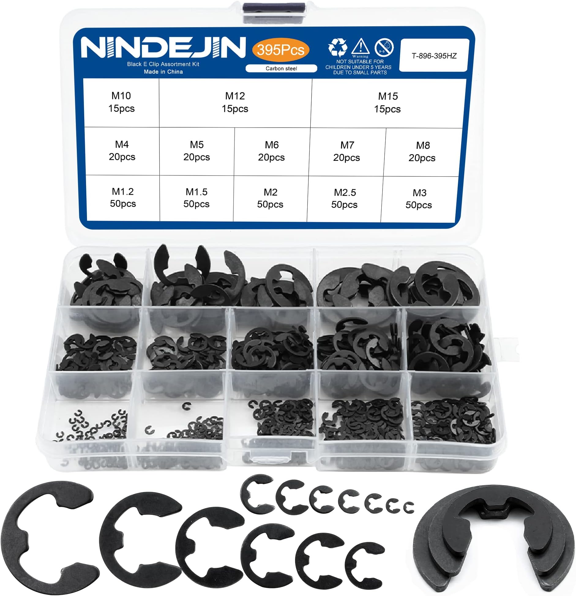 395PCS Retaining Rings E-Clip Assortment Set, 13 Sizes, Carbon Steel External Snap Ring, E-Clips Retainer Circlip Rings for Projects - Gears Pulleys Axles Shafts and Other Moving Parts