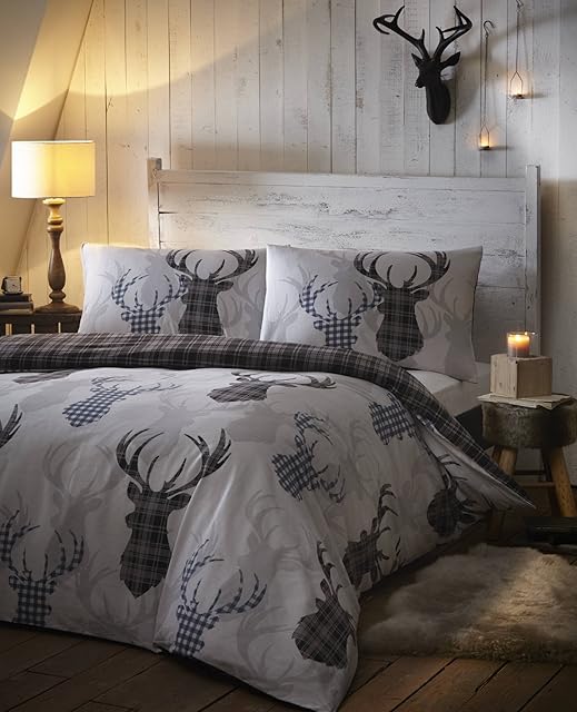 DE CAMA Tartan Check Stag Single Duvet Quilt Cover Bedding Set, Cotton and Polyester, Black and Grey