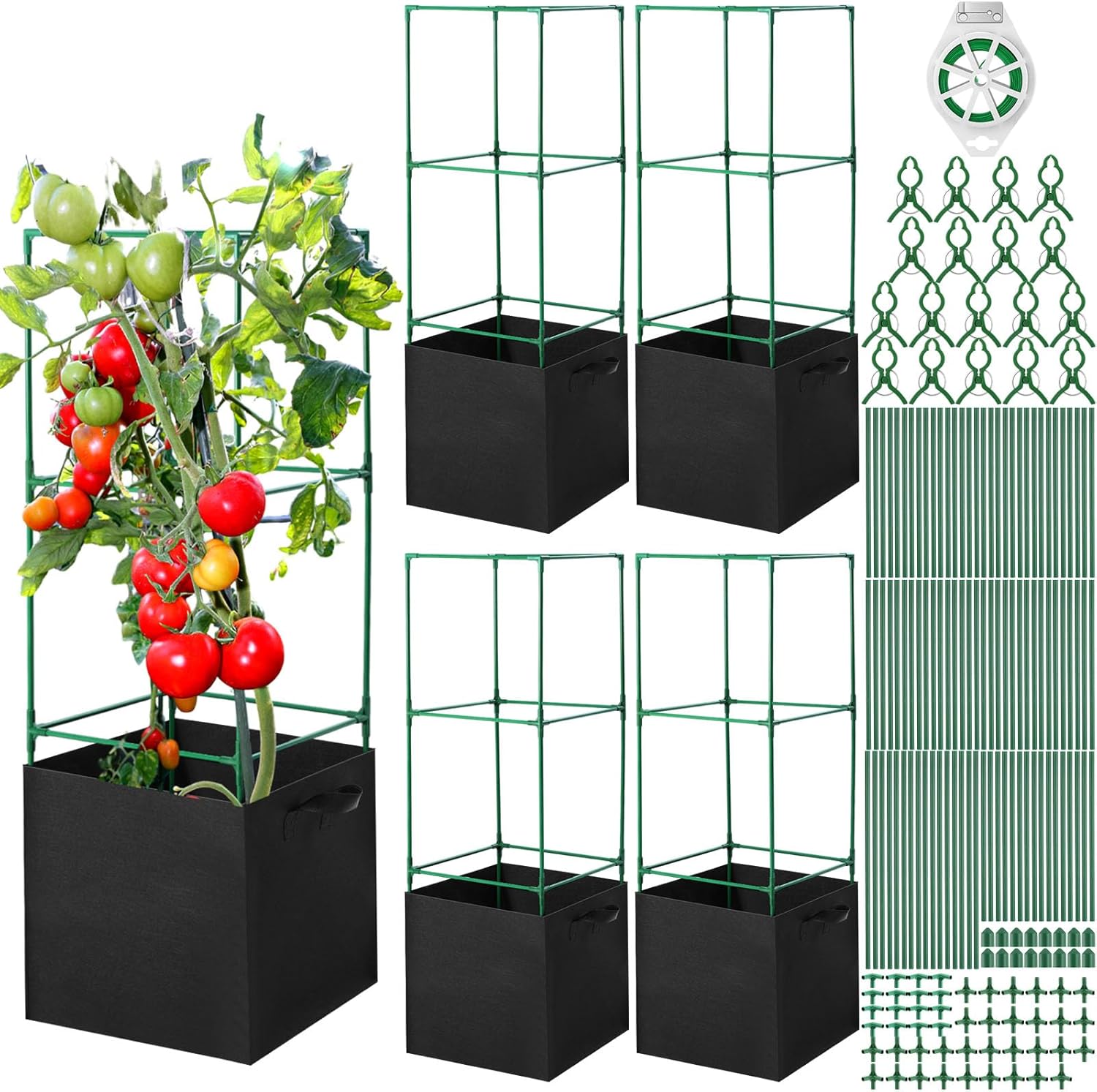 Wenqik 4 Pack Tomato Cage with 17.7 Gallon Large Grow Bags 47 Inch Tomato Planter with Trellis, 18 Clips and 328ft Twist Tie Garden Plant Pot Stakes Support for Vertical Climbing Cucumber