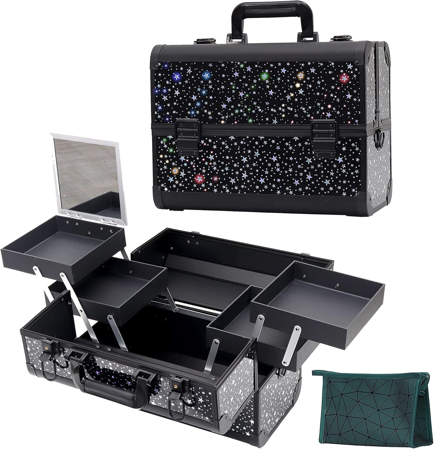 specoving 14" Aluminum Makeup Box Train Case Comes a green geometric makeup bag Large Size with Mirror 4 Adjustable Trays and Lock-Black Star Pattern : Beauty & Personal Care