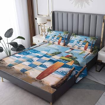 Hawaiian Sheet - King Sheet Sets - Surf Surfboard Bed Sheets, Soft Microfiber & Deep Pocket & Anti-Pilling Patterned Bedding Sheets & Pillowcases - Hawaiian Decor & Gifts