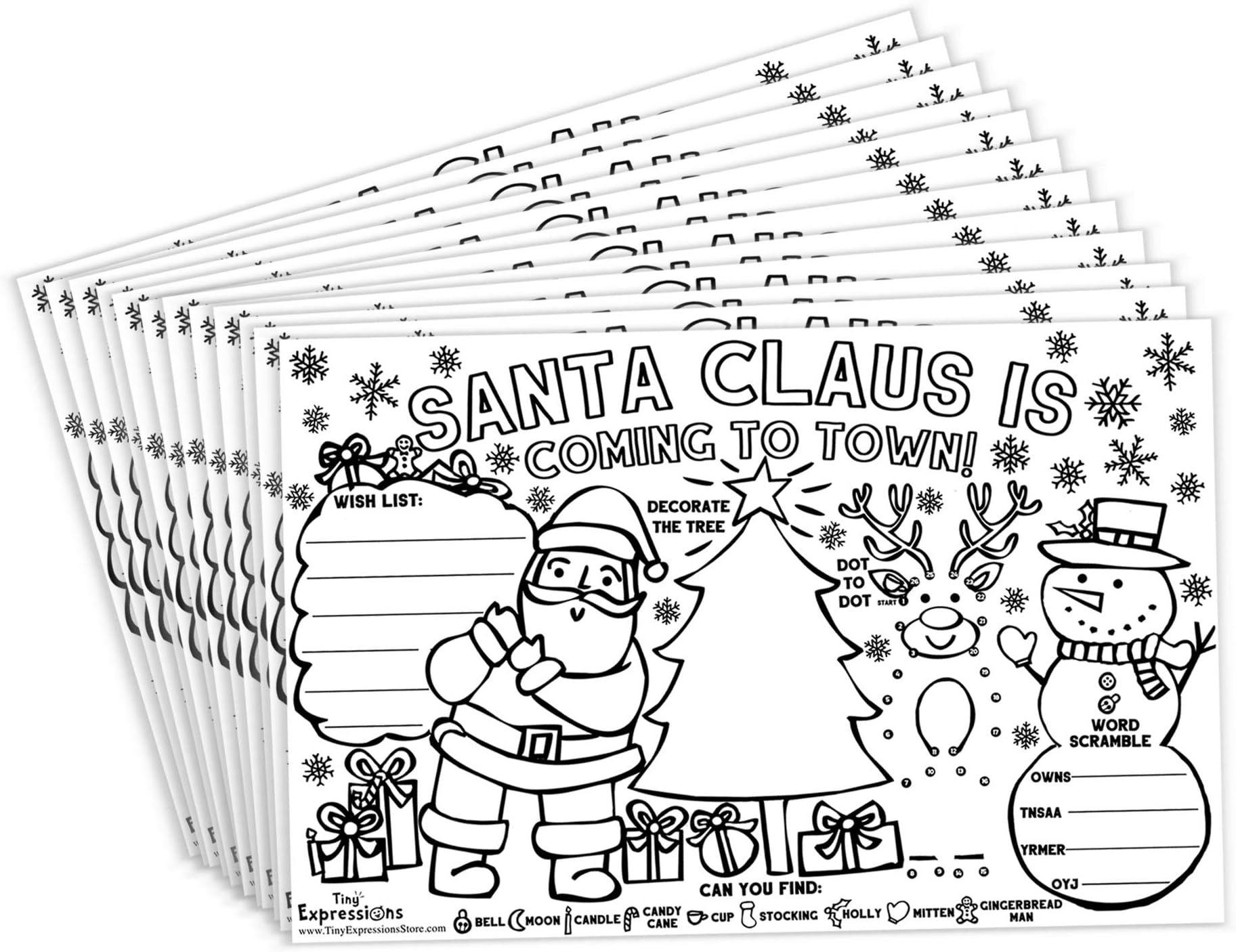 Tiny ExpressionsChristmas Santa Placemats for Kids (Pack of 12 Holiday Placemats) | Coloring Activity Paper Mats for Kids Table | Disposable Bulk Bundle Set