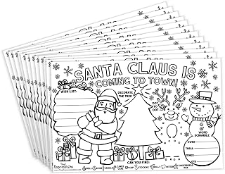 Tiny Expressions – Christmas Santa Placemats for Kids (Pack of 12 Holiday Placemats) | Coloring Activity Paper Mats for Kids Table | Disposable Bulk Bundle Set
