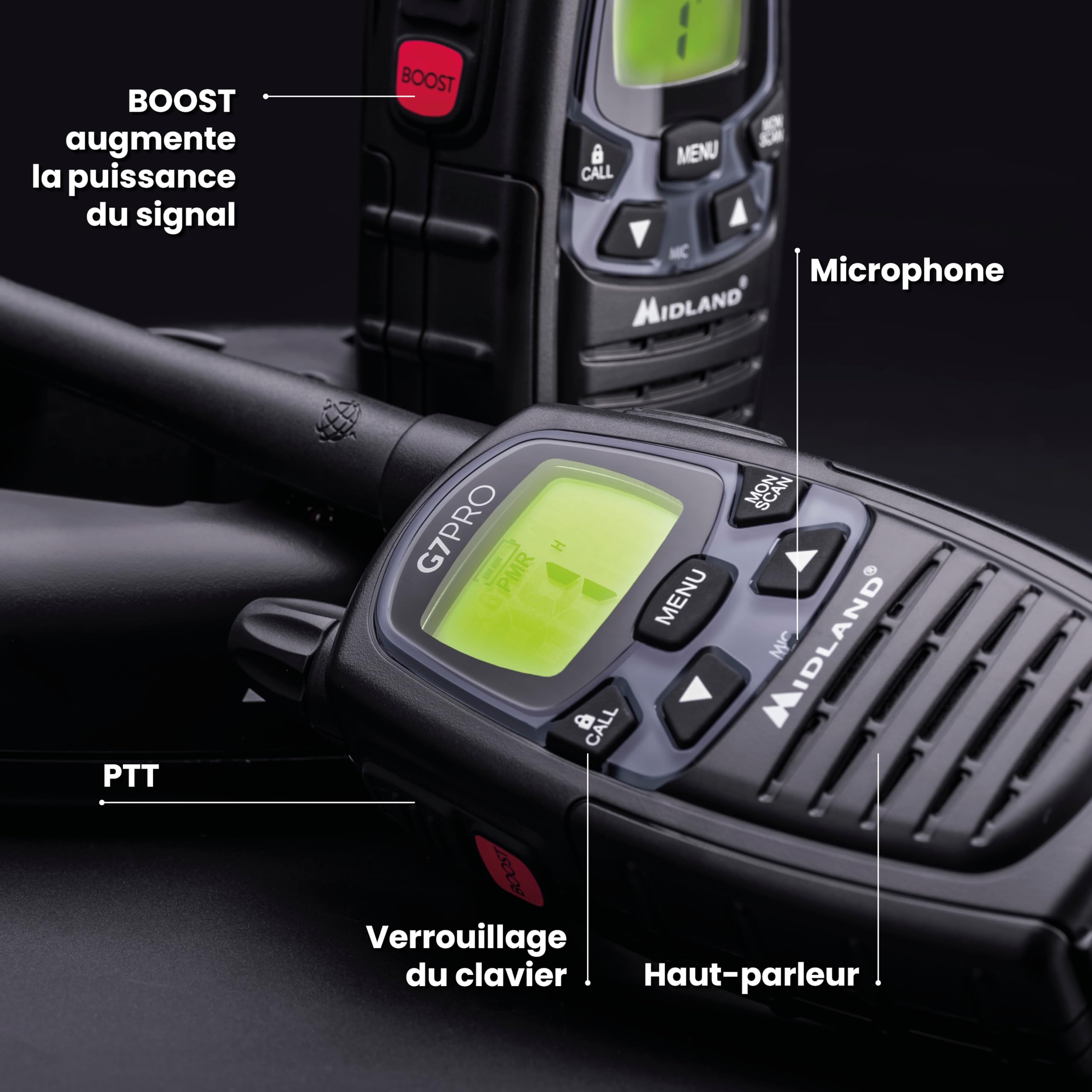 Midland - Talkie Walkie Longue Portée 10Km Professionnel G7 PRO, Couple Radio Récepteur Émetteur Airsoft Outdoor 85 Canaux, 16 PMR446/69 LPD non Licence, Autonomie 18H Piles Rechargeables, Accessoires