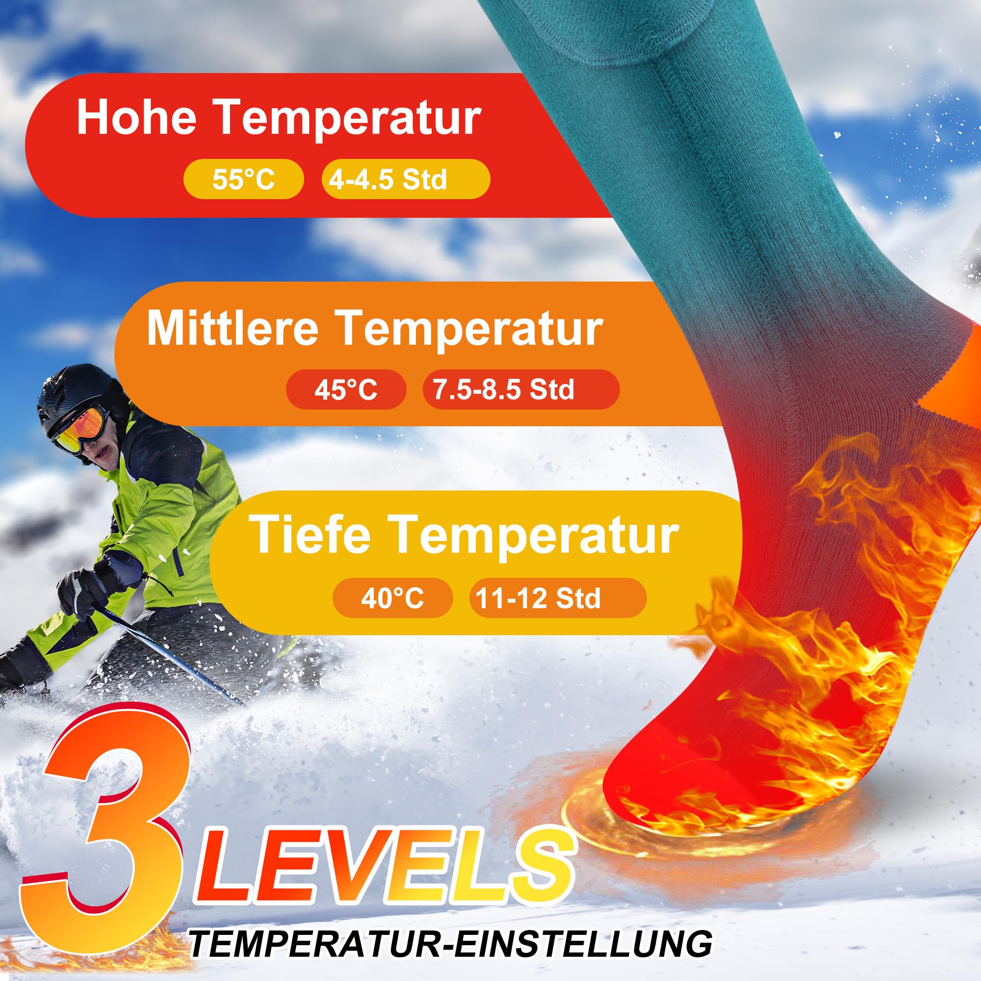 Svpro Chaussettes chauffantes rechargeables 4000mAh 3 réglages de température Chauffage jusqu'à 12 heures Ski Pêche Cyclisme Randonnée