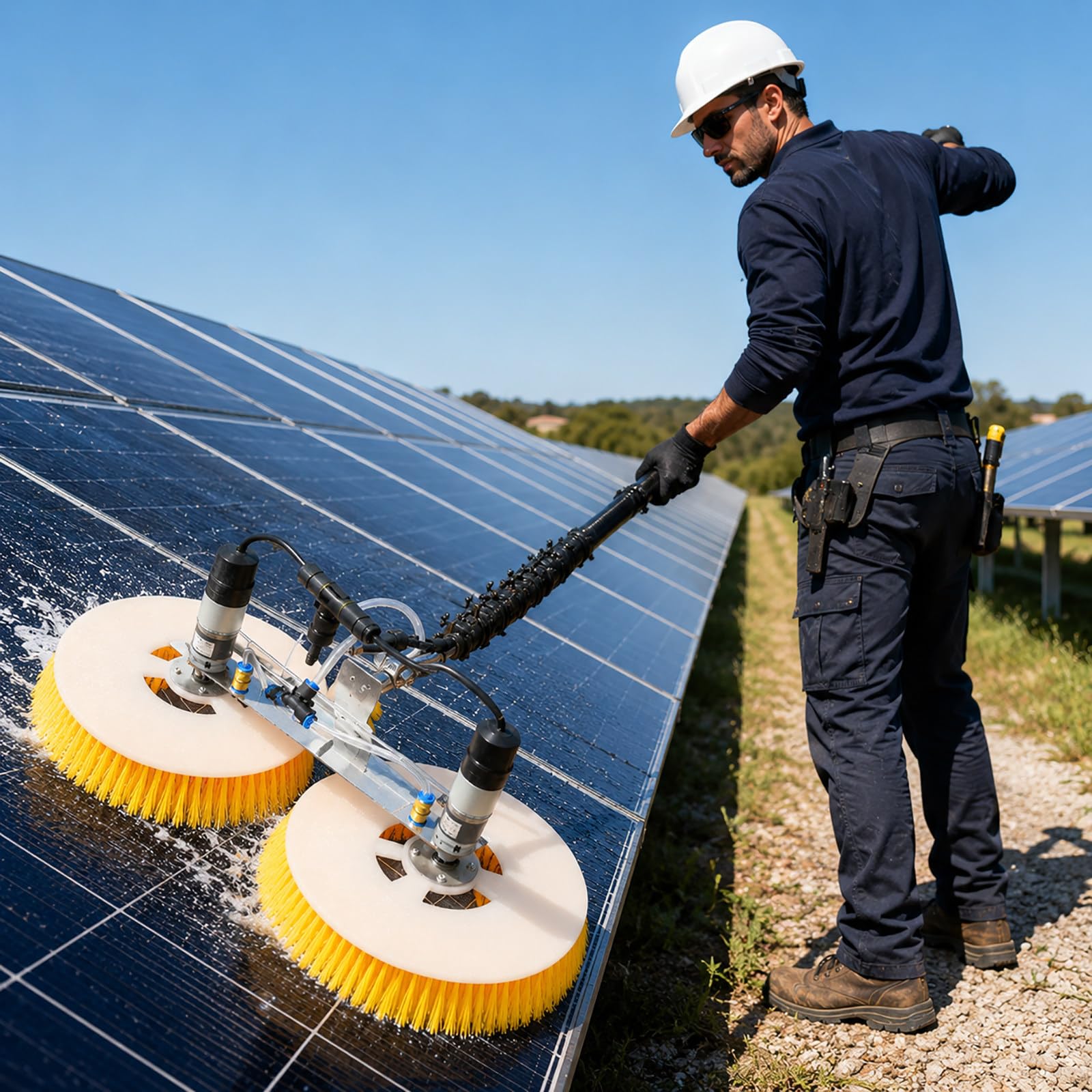 Cepillo Rotativo para Placas Solares – Limpiador Eléctrico con Cerdas de Nylon y Pértiga de Fibra de Carbono 5m(16.4ft)