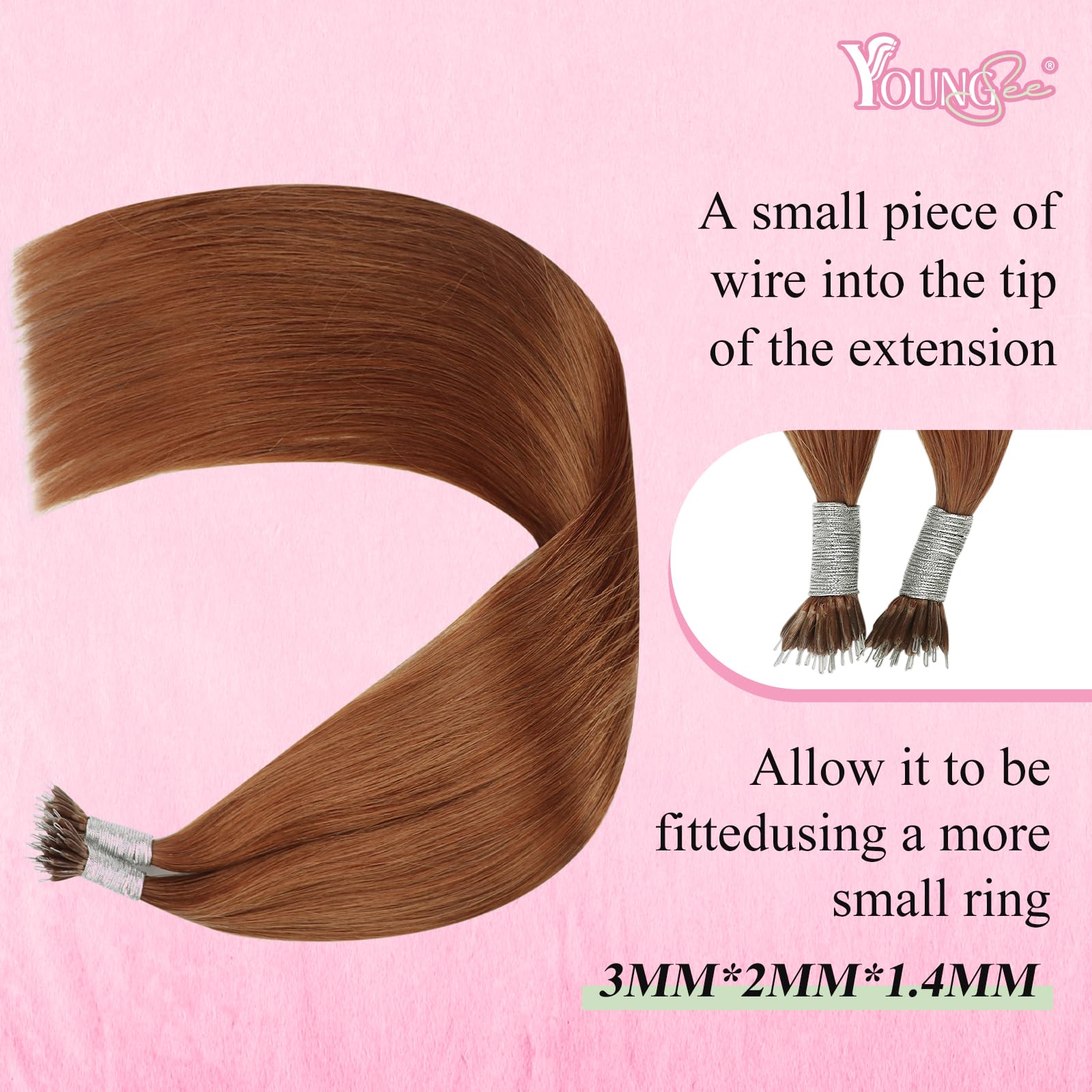 YoungSee Nano Beads Hair Extensions Copper Nano Remy Hair Extensions Ginger Nano Ring Human Hair Extensions Colored Nano Tip Extensions Real Hair Cold Fusion Beaded Hair Extensions 1g/s 25g 18inch - Image 4