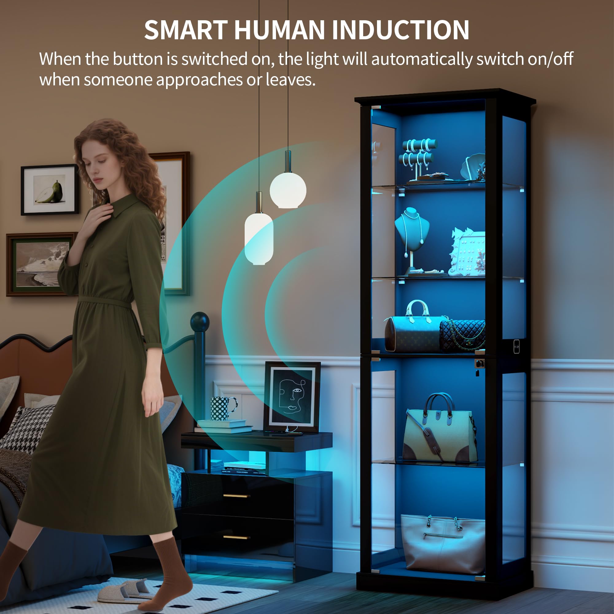 Lvifur Vitrina de cristal de 5 capas de 180 cm, con iluminación LED y puertas de cristal, color negro | Vitrina con sensor inteligente para coleccionables
