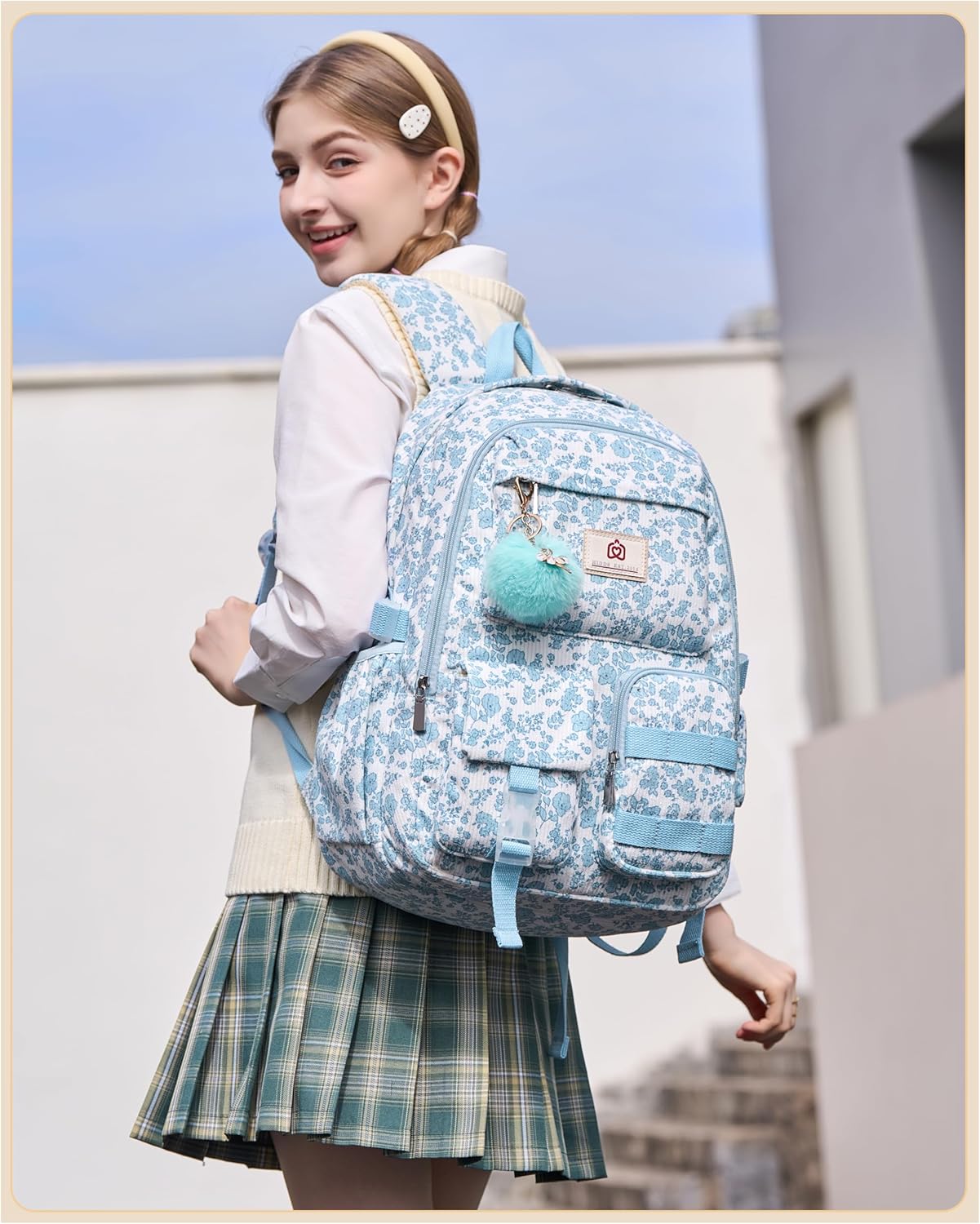 School Backpack for Teens Girls Women 15.6 Inch Laptop College Backpacks Corduroy Work Bag Kids Elementary Middle High School Bookbag Students Back Pack Anti Theft Travel Daypack Womens-Blue Floral