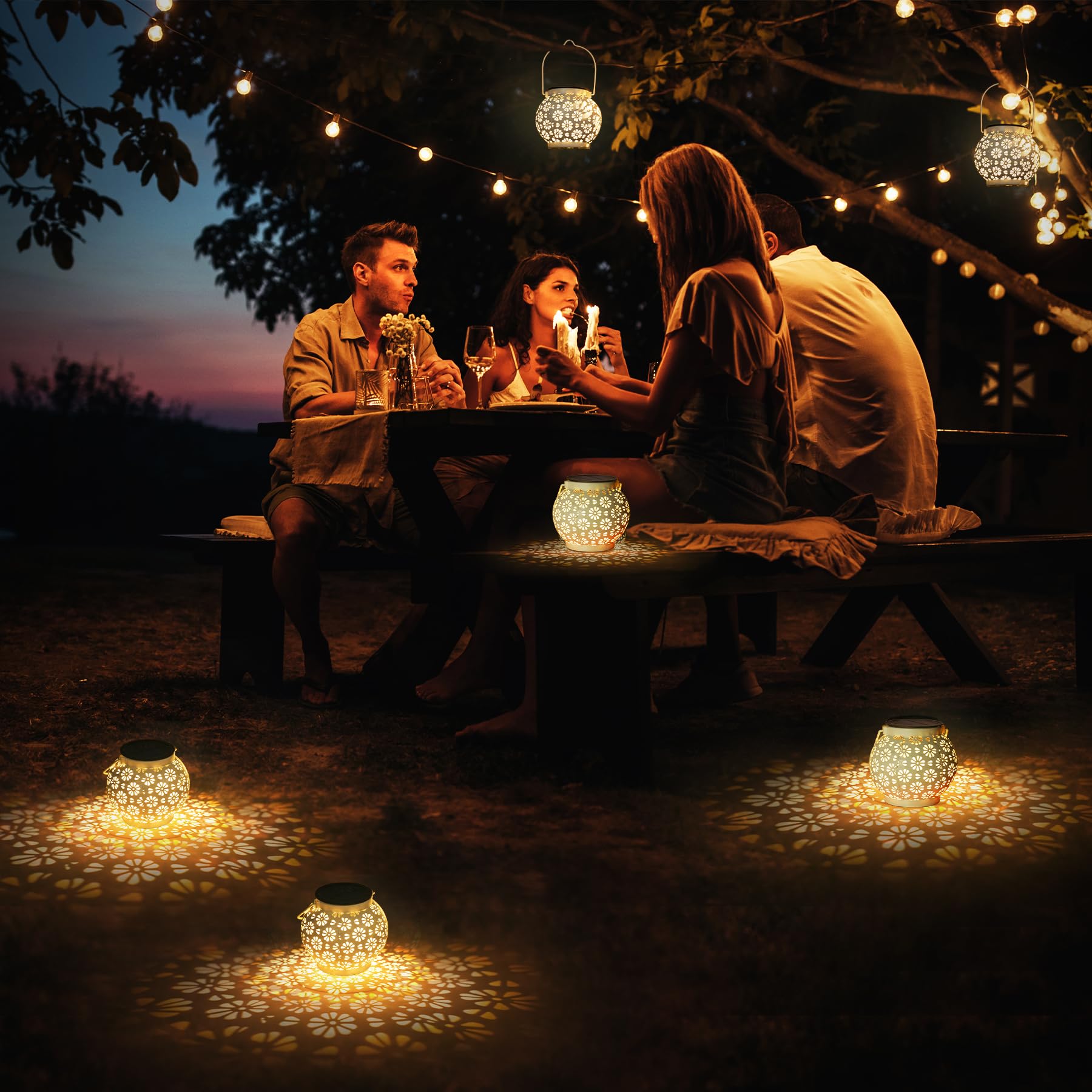 JOYCREATOR Linternas solares, 2 unidades, LED de metal impermeable IP65, 10 horas de vida, para colgar al aire libre, decoración de jardín, porche, mesa, balcón, terraza