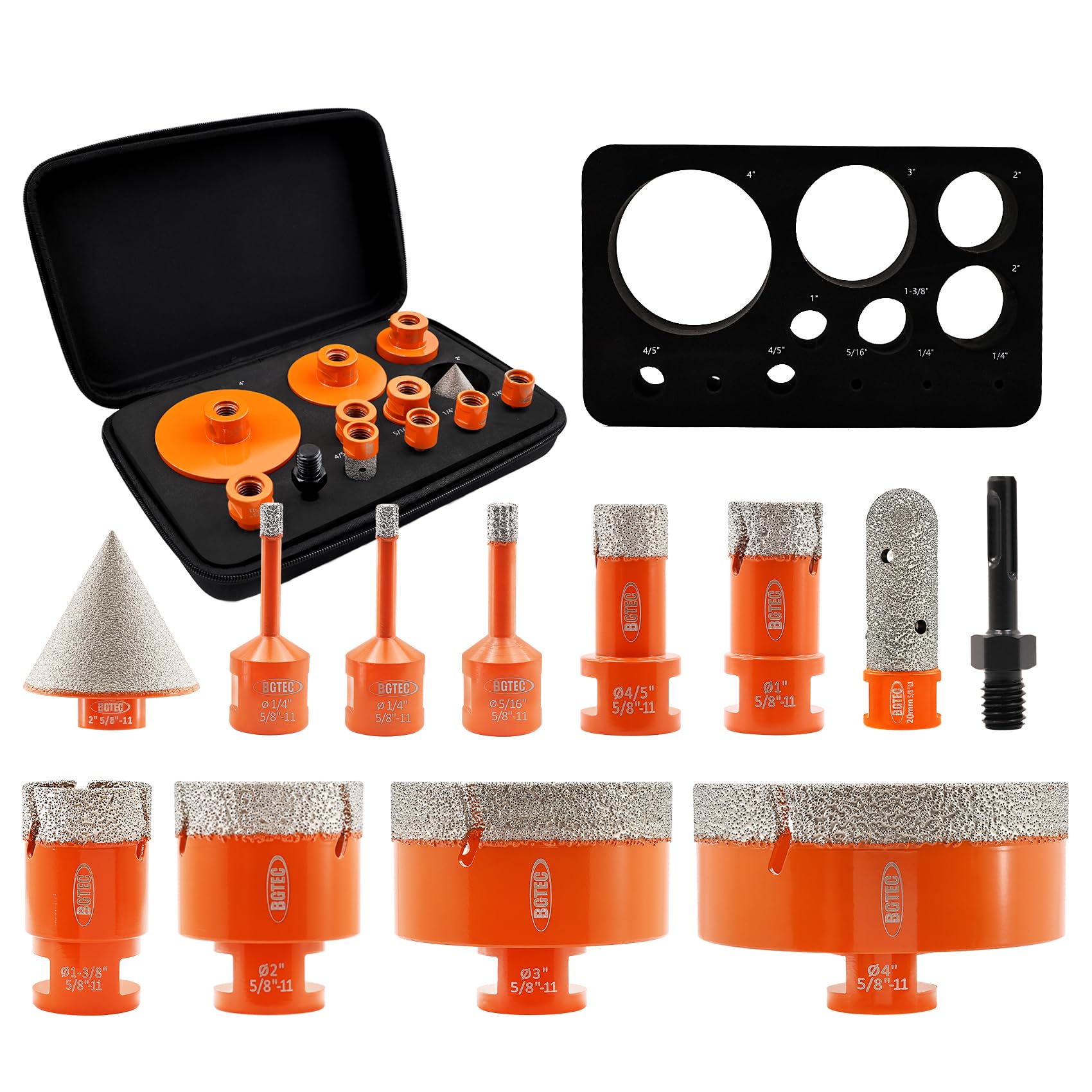 BGTEC Diamond Hole Saw Kit Marsonry Drill Bits,5/8-11 Thread 12pcs 6/6/8/20/25/35/50/75/100mm Drill Bits+20mm Milling Finger Bit+2" chamfering Bit+SDS
