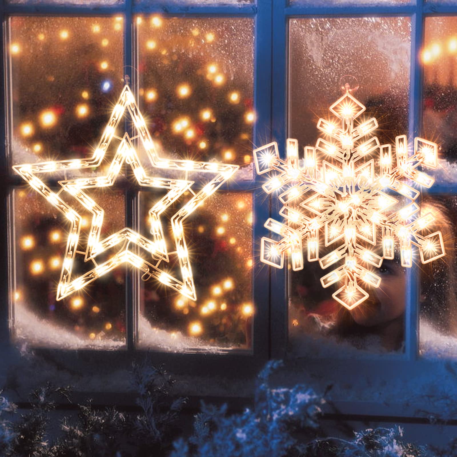 GLOWNOVA 50L19'' 2 Pack Christmas Window Silhouette Lights Decorations, Window Lighted Snowflake and Star for Home Indoor Wall, Patio Lawn