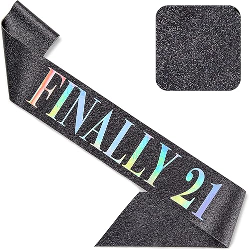 CORRURE Faja de cumpleaños "Finally 21" con purpurina, banda negra con papel de aluminio multicolor, banda de cumpleaños 21 para hombres y mujeres,