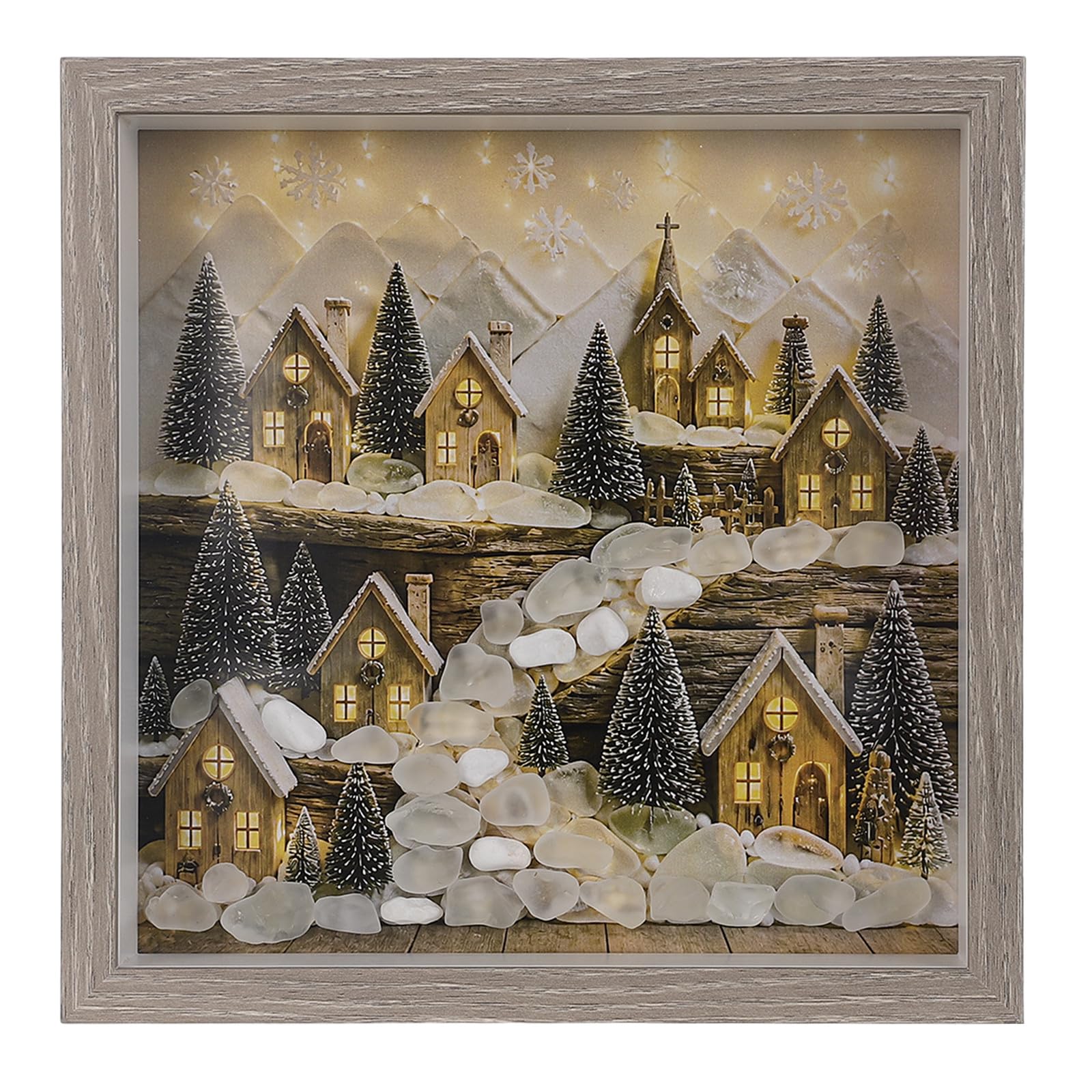 Zerodeko Decoración de pared con diseño de pueblo navideño, marco de fotos rústico iluminado con diseño de pueblo navideño, marco de mesa festivo de invierno, decoración de granja iluminada para