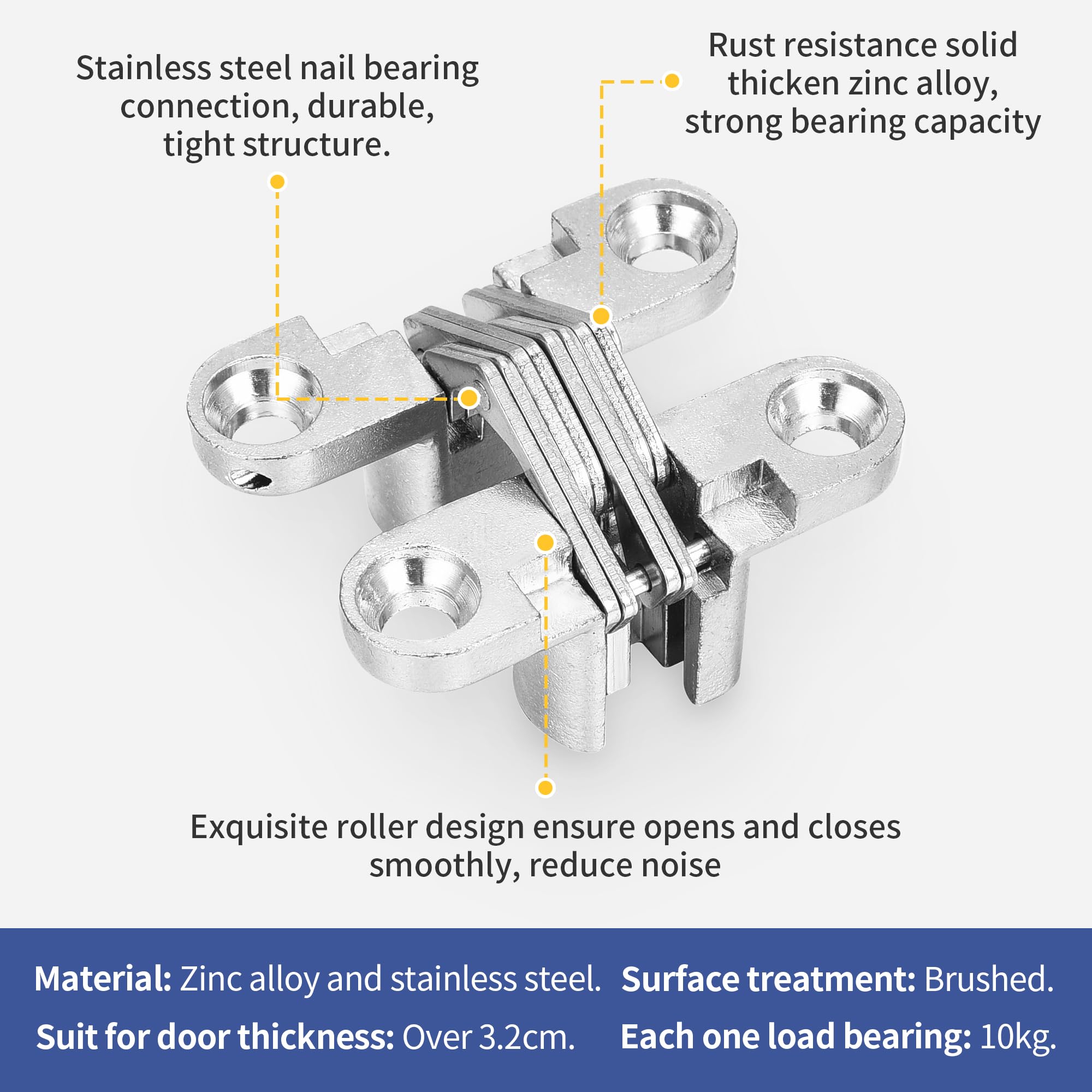 Lpraer 6 Packs Hidden Door Hinges Invisible 180 Degree Cross Hinge for Doors Kitchen Cabinet Hinges Concealed,Stainless Steel - Image 4