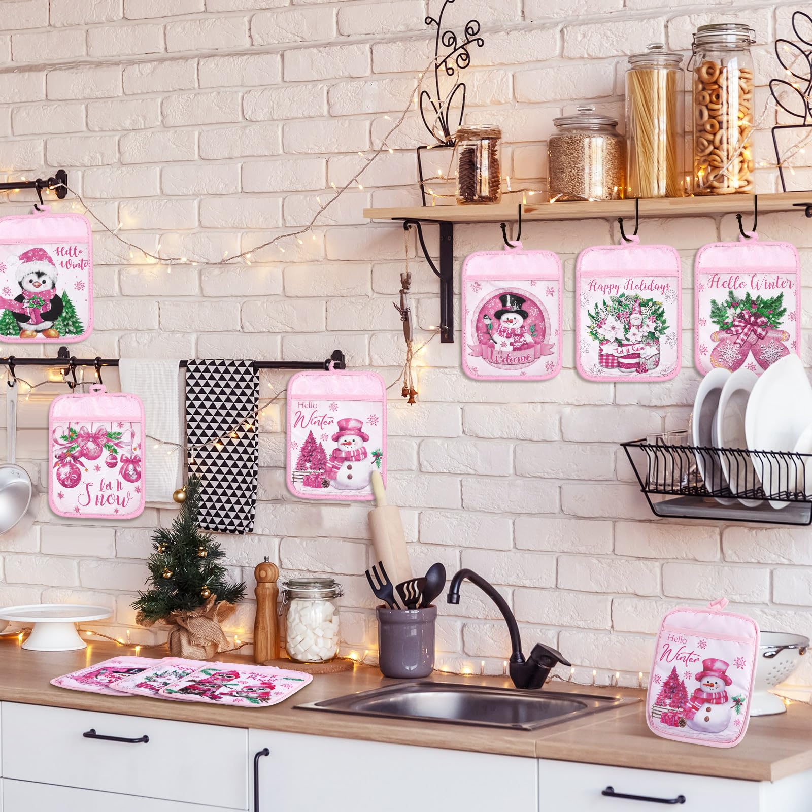 Jingmore Topflappen mit Tasche, Motiv: Hello Winter, Topflappen, Geschenk, Großpackung Schneemann, Zwerg, hitzebeständig, heiße Pads, Ofenhandschuhe, niedliche Schneeflocke, Ofenhandschuhe für