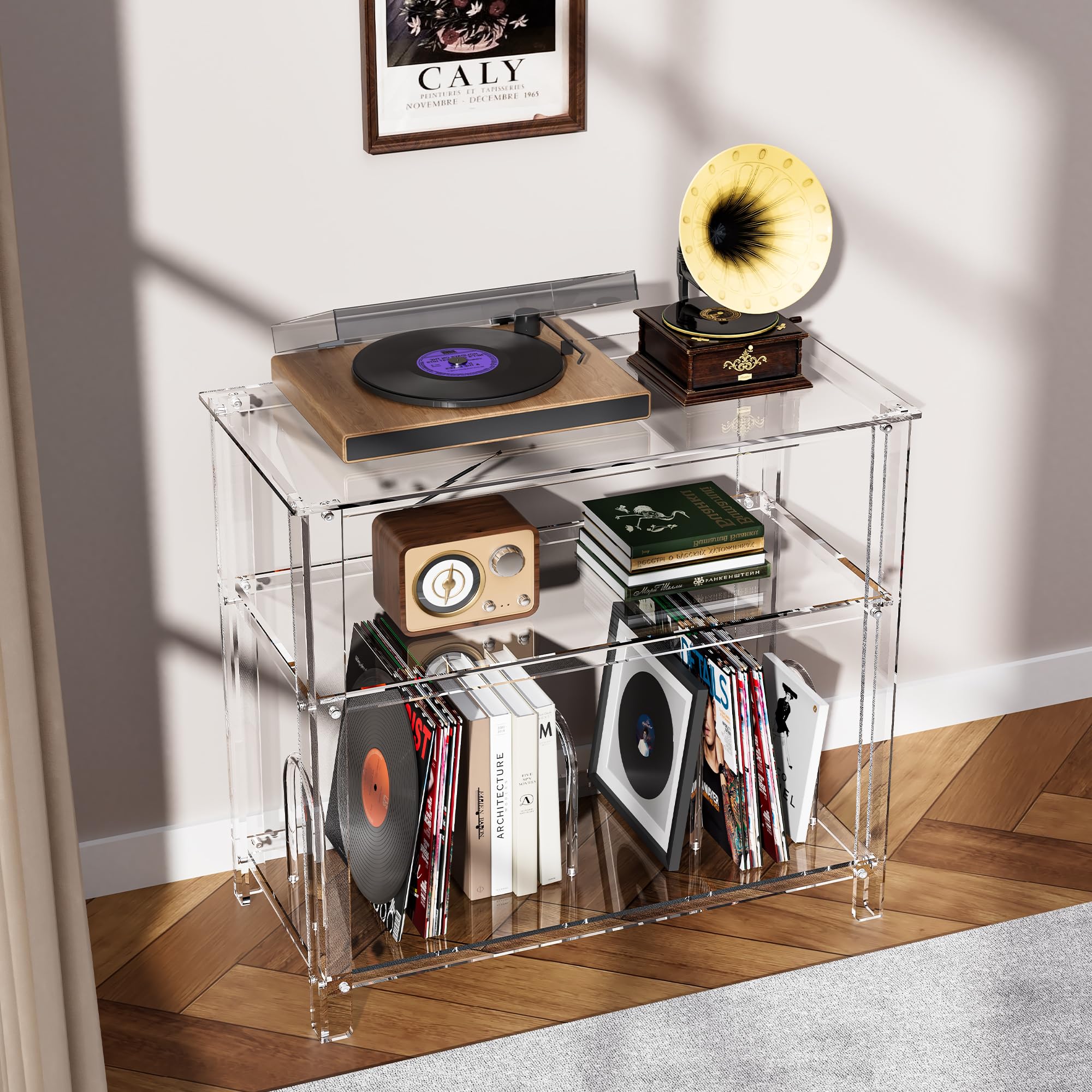 Supporto per giradischi in acrilico, con contenitore in vinile, supporto per giradischi, tavolo portaoggetti per soggiorno, ufficio (trasparente, 80 x 40 x 73 cm)