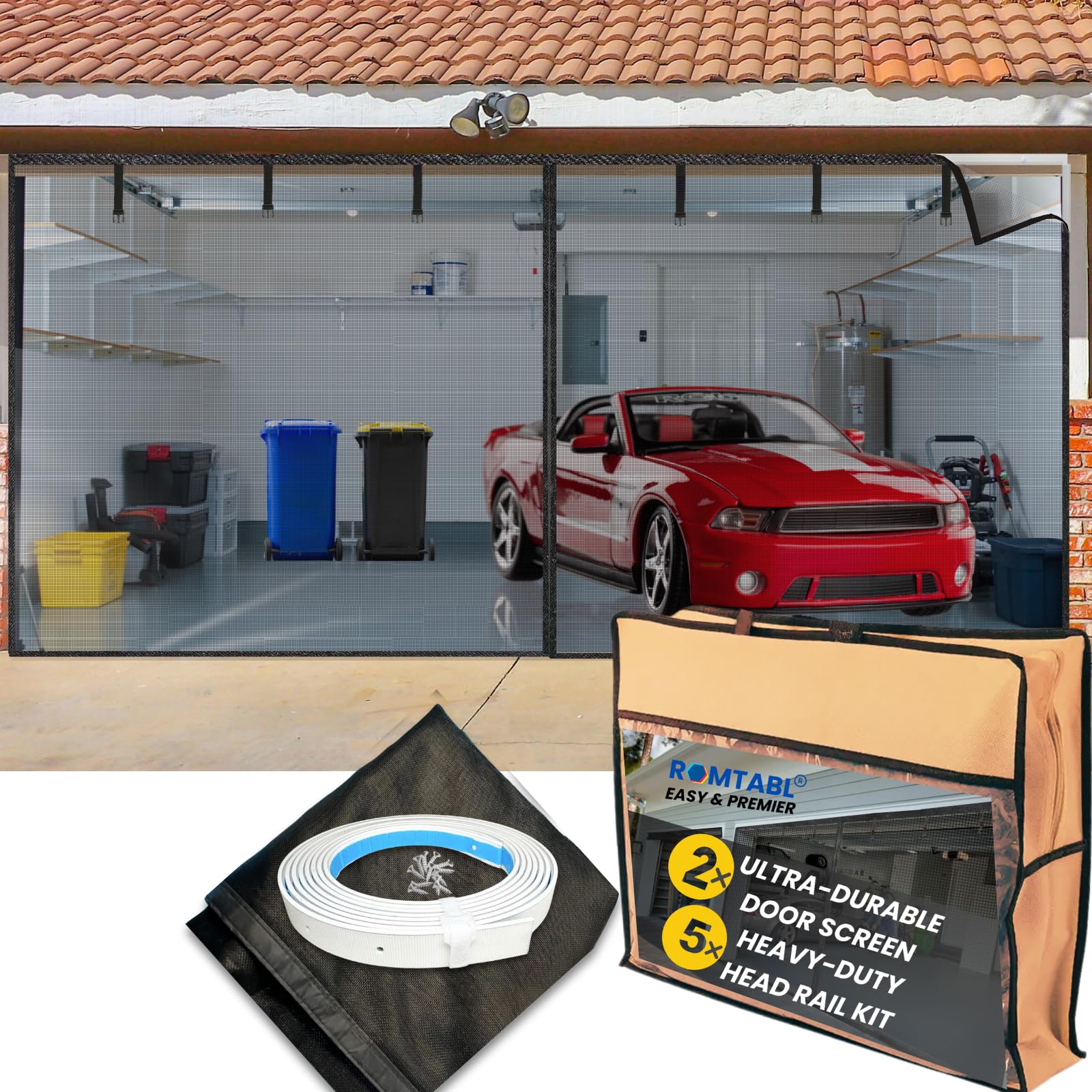 Garage Door Screen for 2 Car Garage 16x7FT, 2025 Ultra-dura Hook Rail Patented Magnetic Garage Screen Door with Retractable Heavy Duty Fiberglass, Hands Free Net Screen for Garage/Patio,Easy Assembly