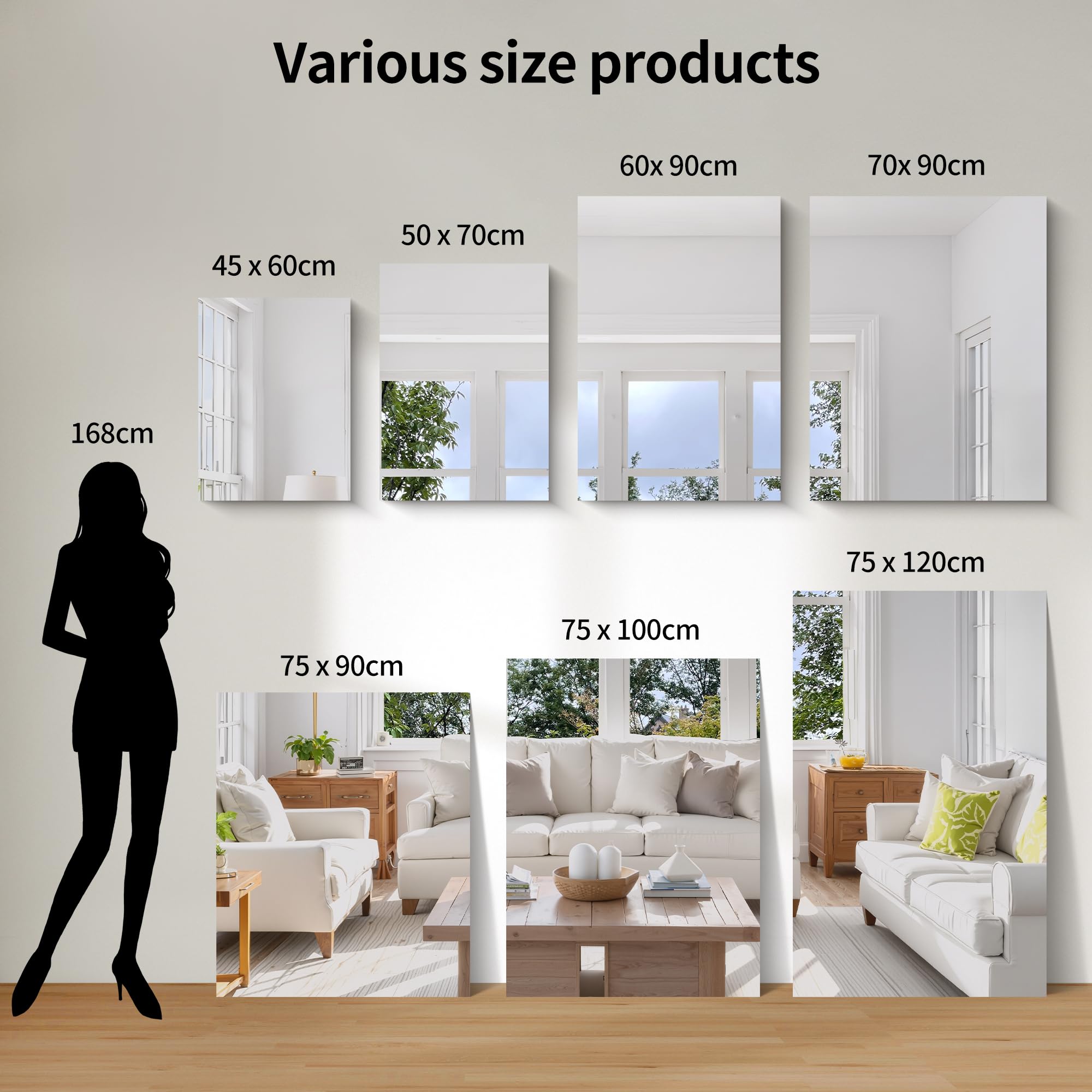 COFENY Miroir sans Cadre, 90 × 60 cm Miroir Mural Rectangulaire avec Bords Polis, Miroir en Verre HD, Upgraded Shatterproof Miroir de Salle de Bain pour Salle de Bain, Chambre et Salon