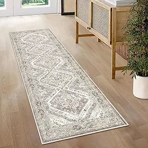 KUTA Oriental Washable Runner Rug, 2x5 Runners Non-Slip Vintage Ivory Grey Yellow 5ft Hallway Kitchen Rugs Ultra Soft Printed Distressed Tribal Farmhouse Carpet for Bedroom Entryway Decor