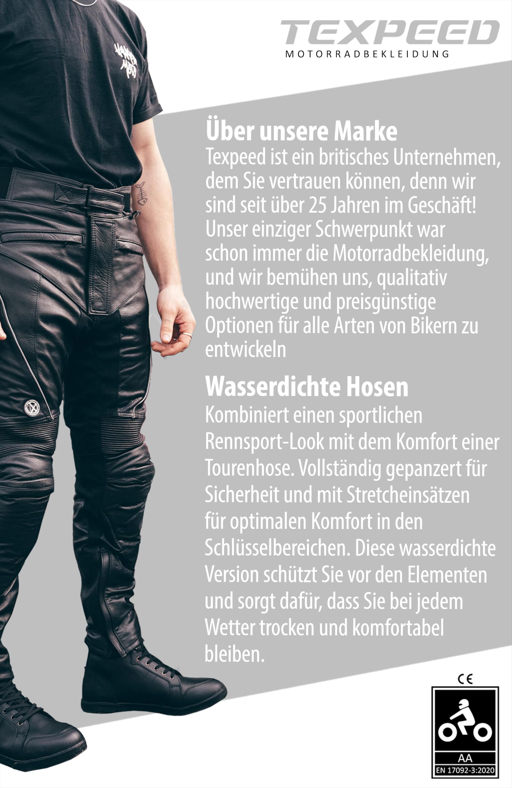 Texpeed motorradhose leder wasserdicht herren mit protektoren - Schwarz Vollnarbiges Lederhose echtleder mit rüstung (EN 1621-1) Biker gepanzerte - 4XL Taille/Regülar Bein