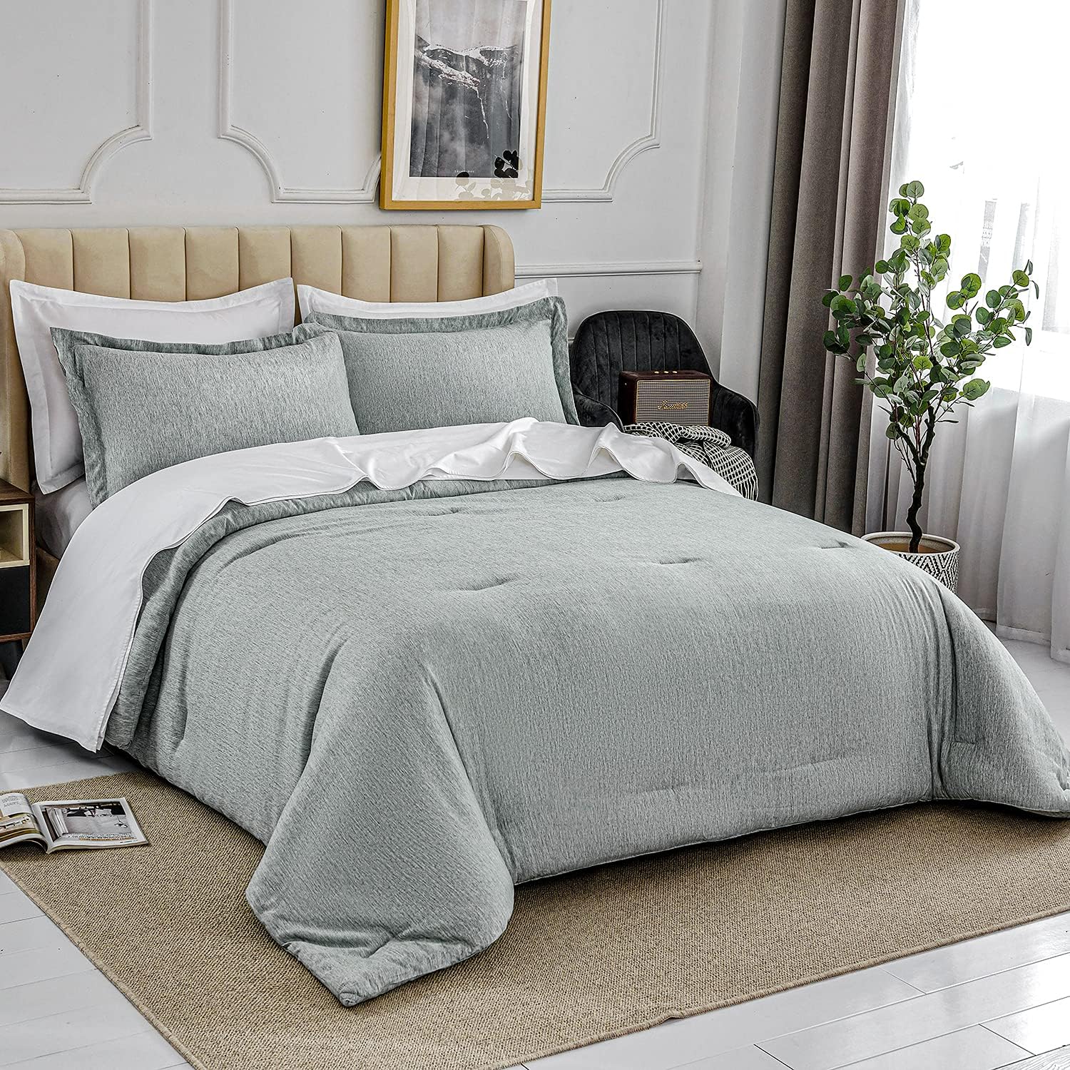HOdo Green Queen Comforter Set, Cationic Dyeing with Pillow Sham(Queen, 88x88 inches, 3 Pieces)