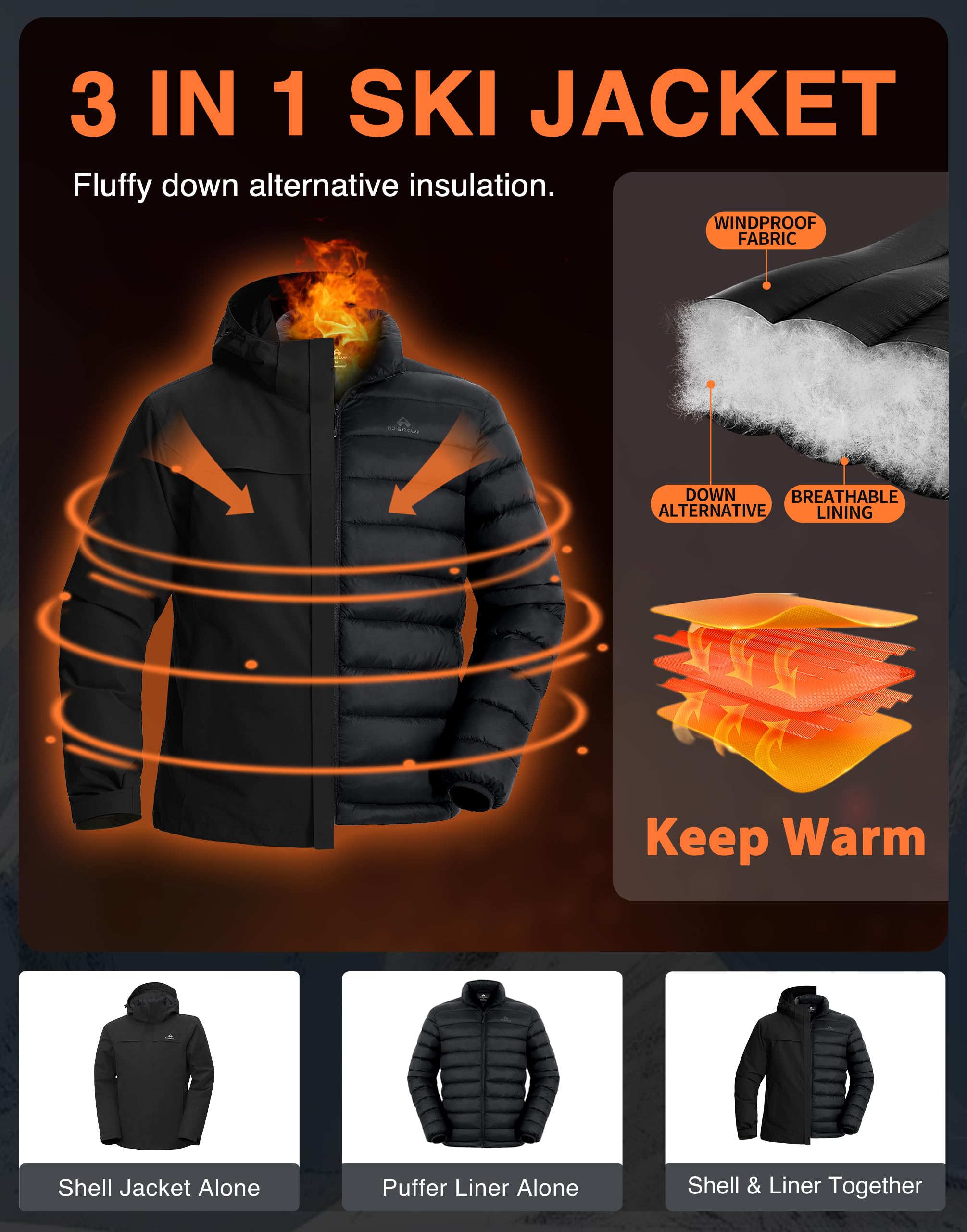 Pioneer Camp Giacca da sci 3 in 1 da uomo, con fodera in piuma, impermeabile e antivento, calda giacca da snowboard con cappuccio regolabile